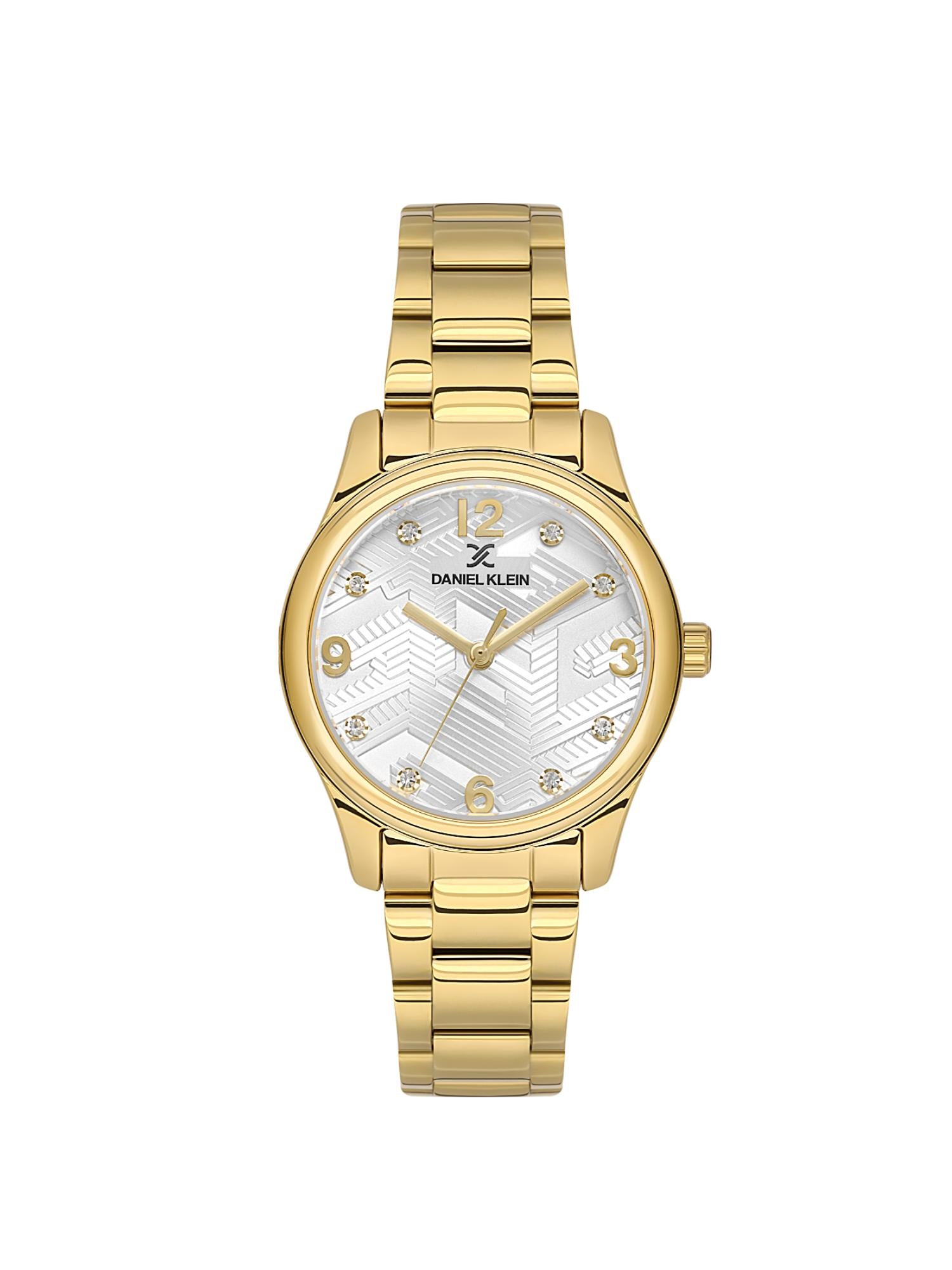 Gold wristwatch with a white face on a white background
