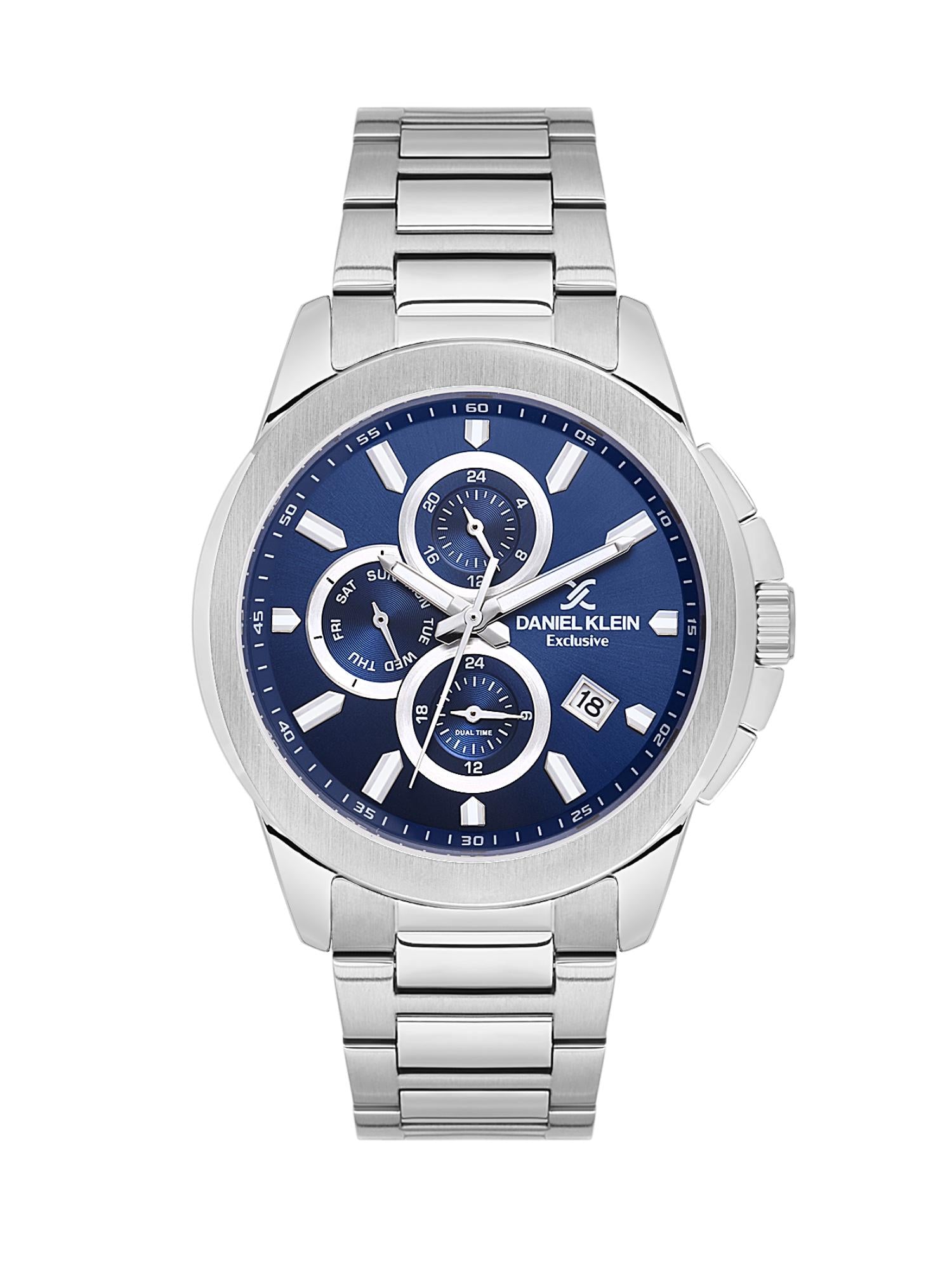 Silver watch with a blue face on a white background