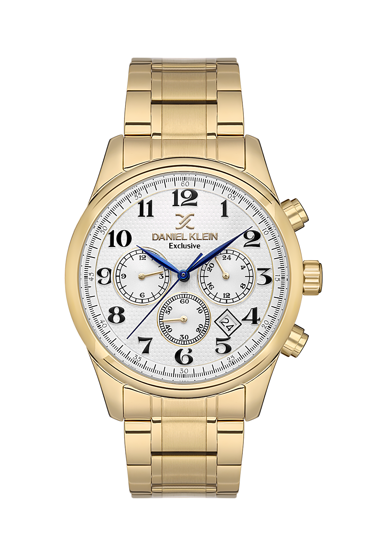 Gold wristwatch with a white face on a white background