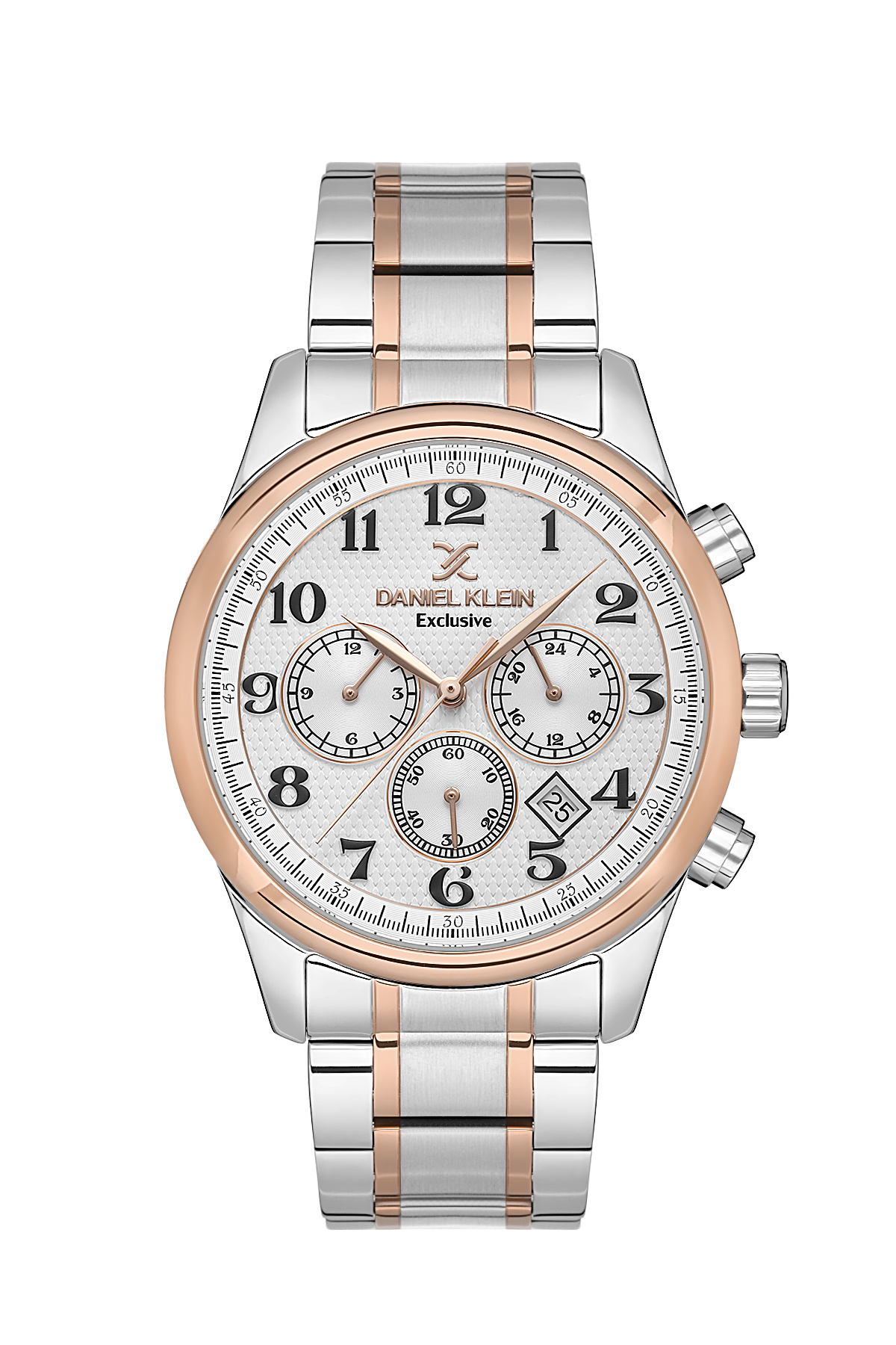 Luxury watch with silver and rose gold band on a white background