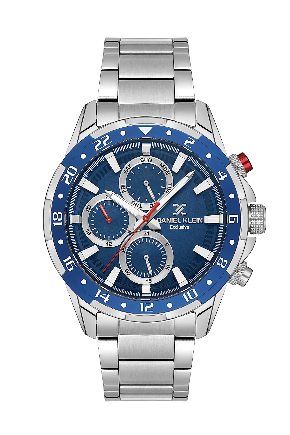 Silver and blue watch with a white background