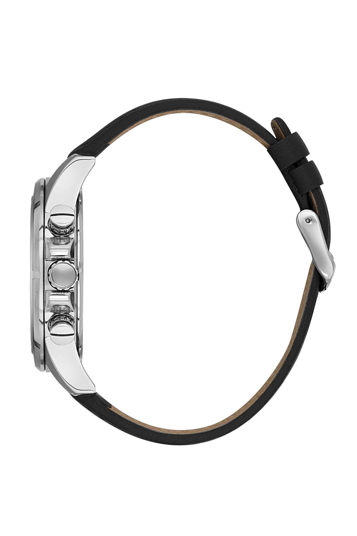 Close-up of a watch with a black strap and silver case on a white background