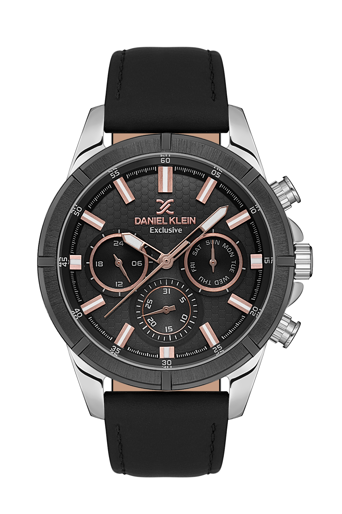 Black and rose gold watch with Daniel Klein branding on a white background