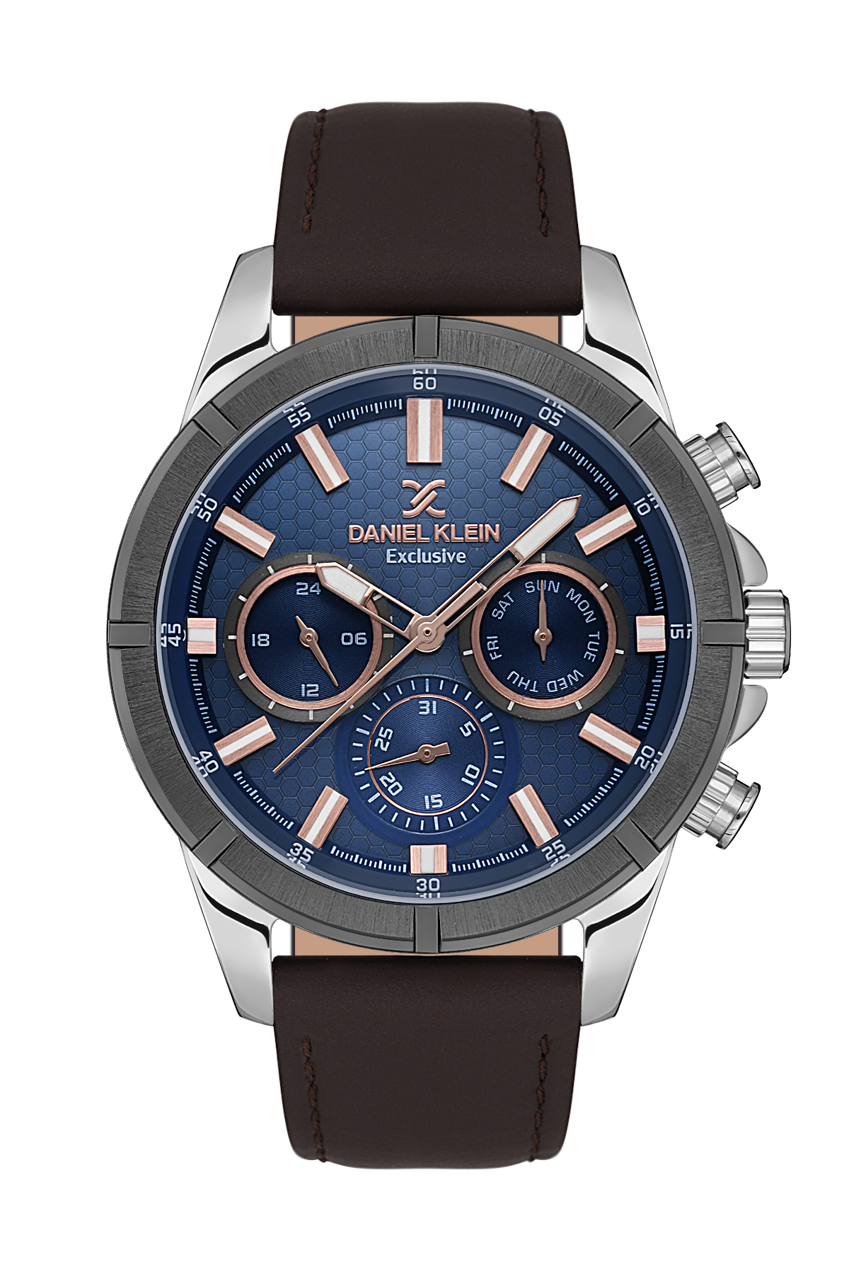 Daniel Klein watch with blue face and brown leather strap on white background