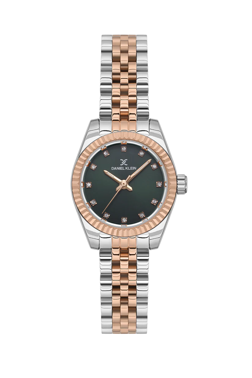Two-tone watch with black dial on a white background