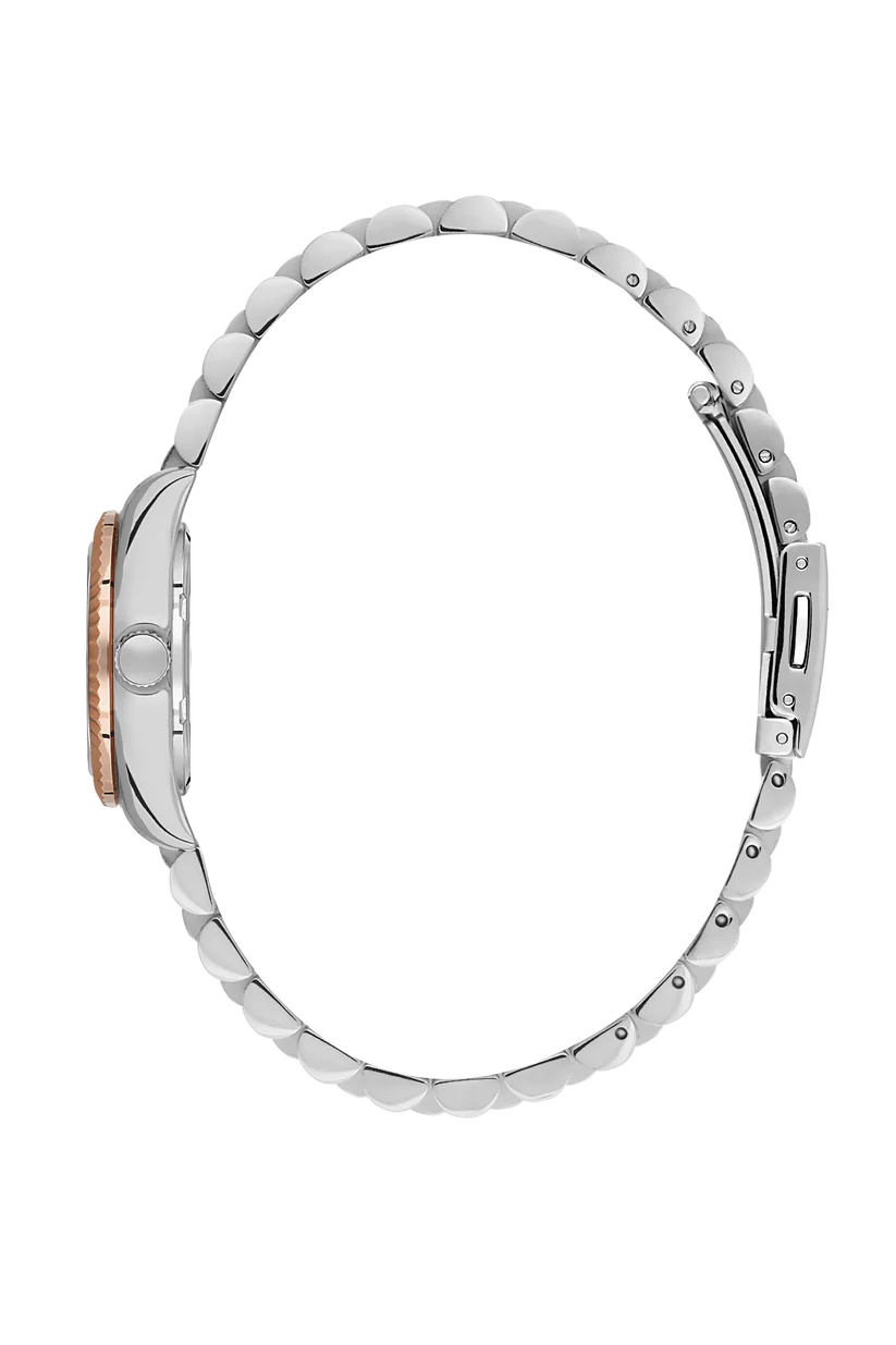 Silver watch with a rose gold accent on a white background