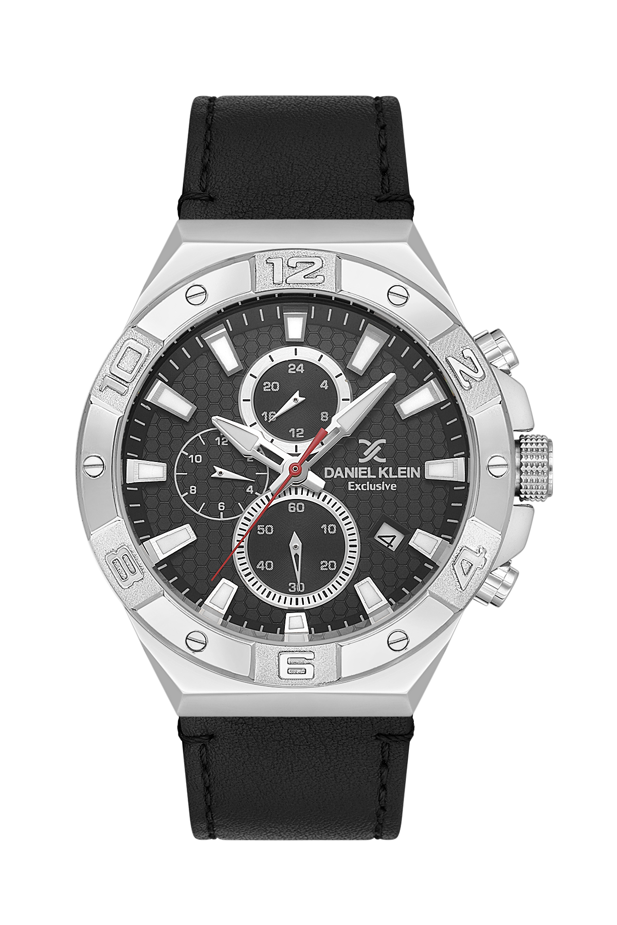 Watch with black strap and silver case on a white background