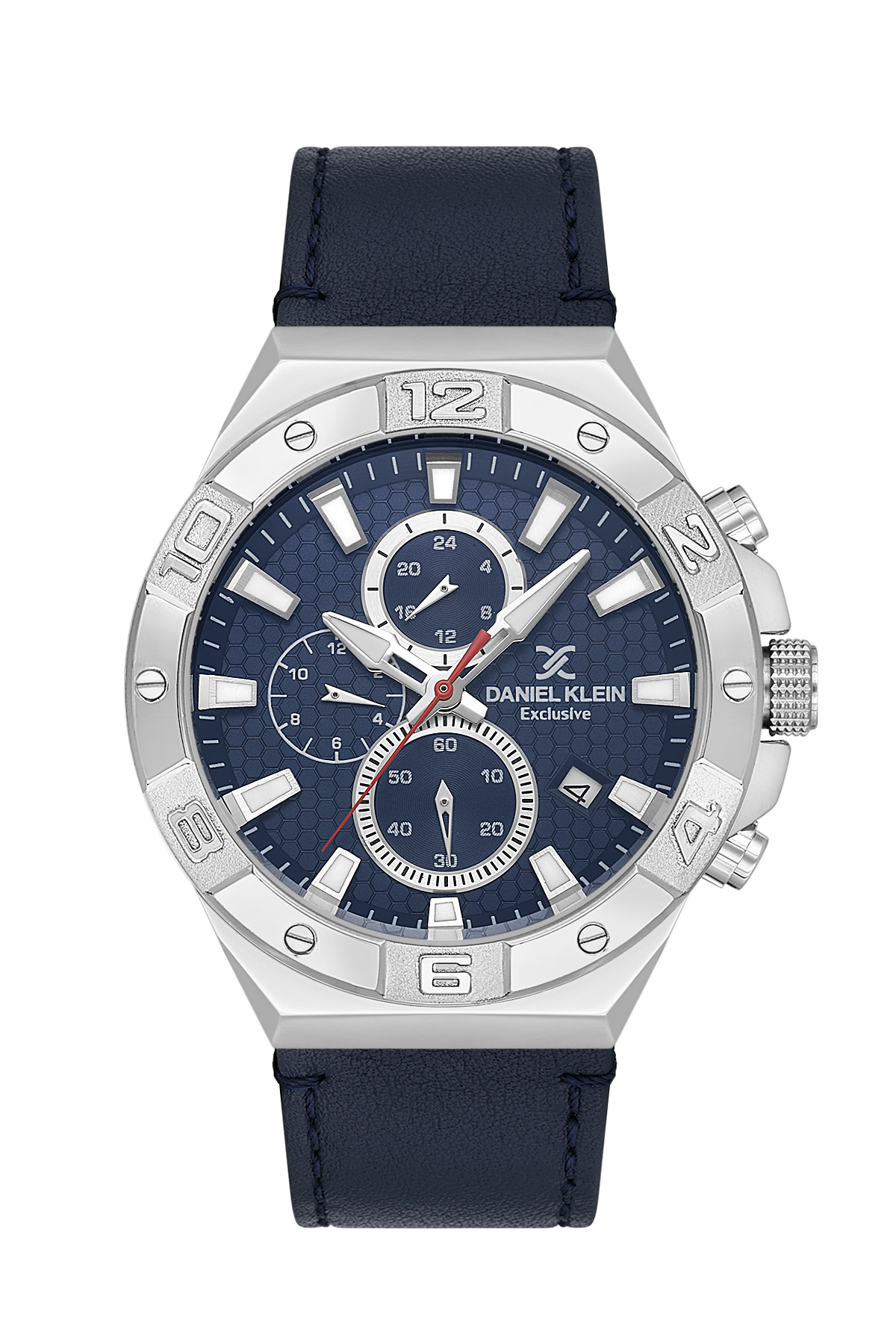 Daniel Klein watch with blue face and black strap on a white background