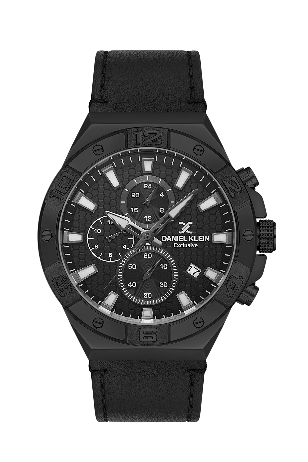 Black watch with detailed face on a white background