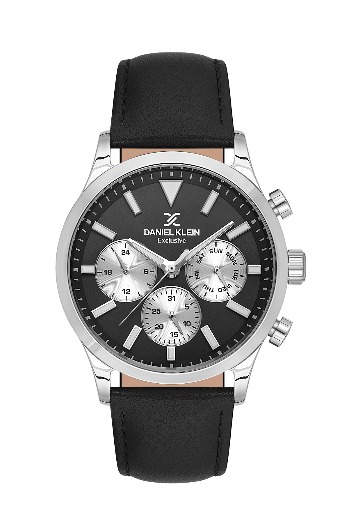 Daniel Klein watch with black leather strap and silver case on a white background