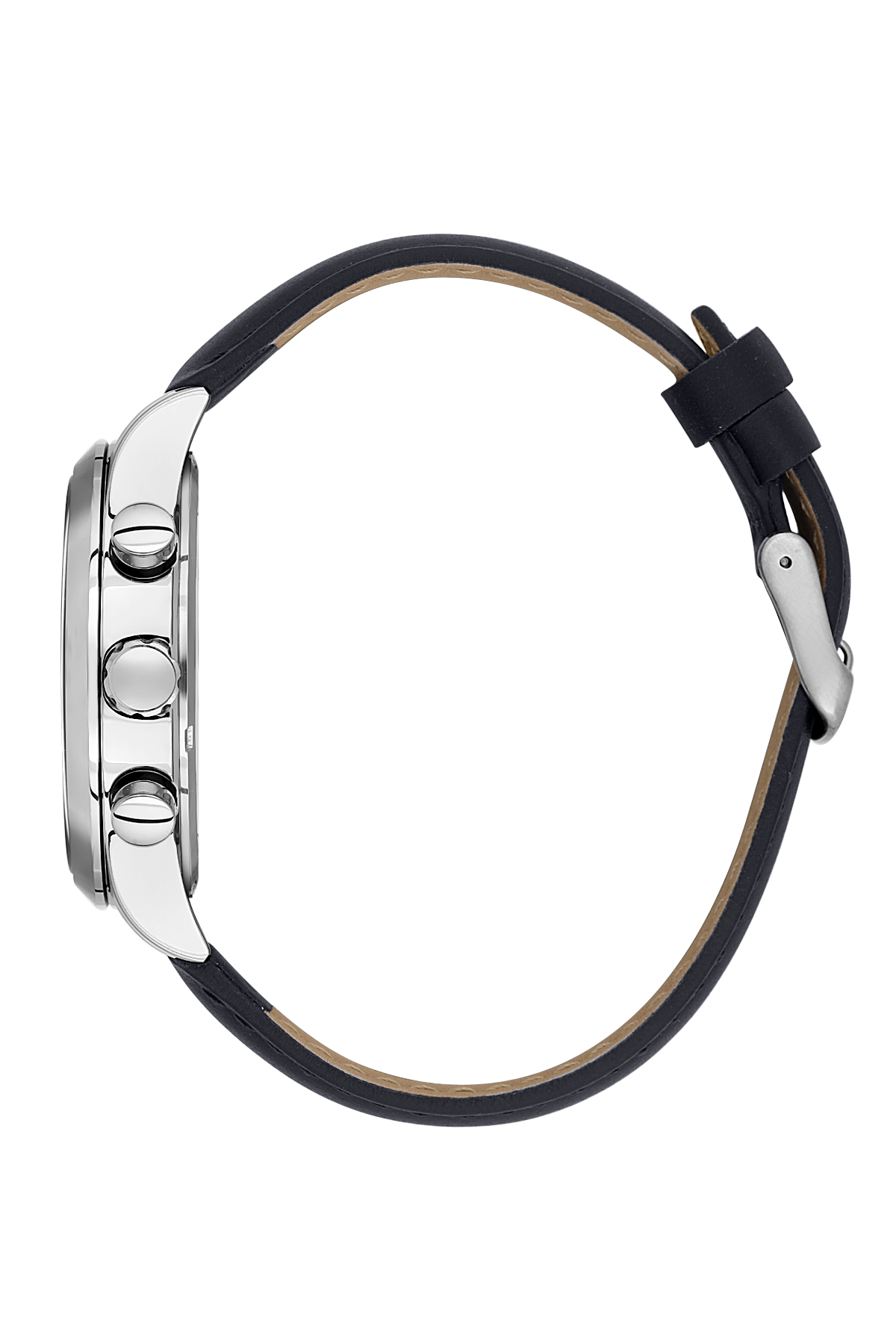 Watch with black strap and silver case on a white background