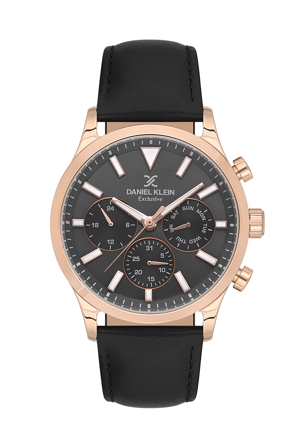 Daniel Klein watch with black leather strap and rose gold case on white background