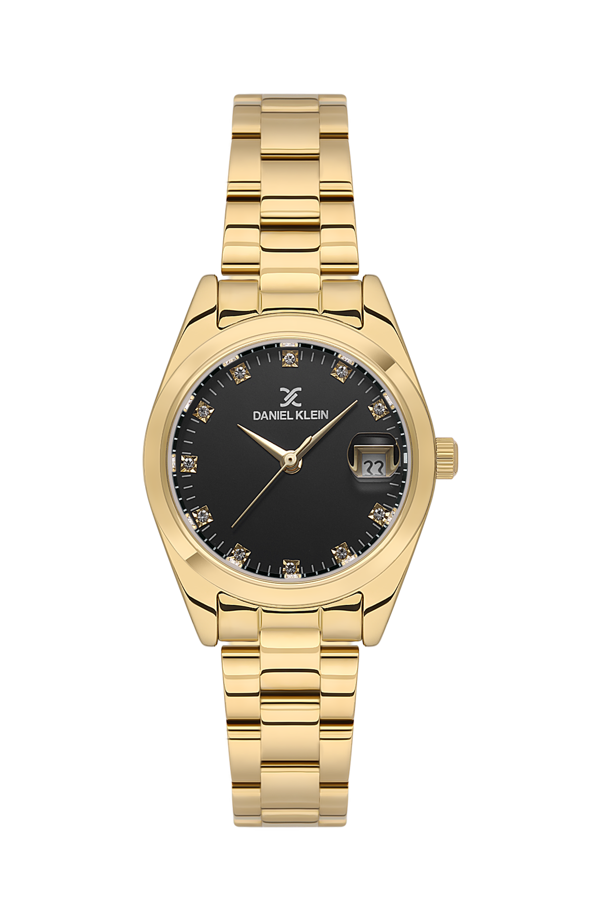 Gold watch with black dial on a white background
