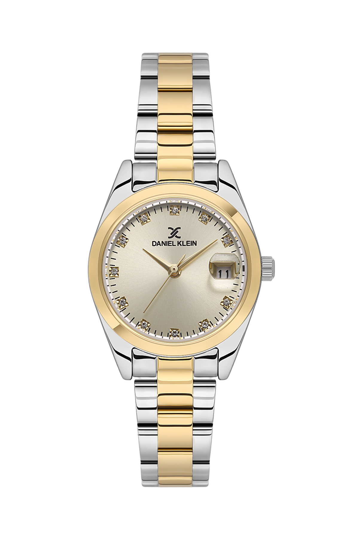 Two-tone watch with gold and silver band on a white background
