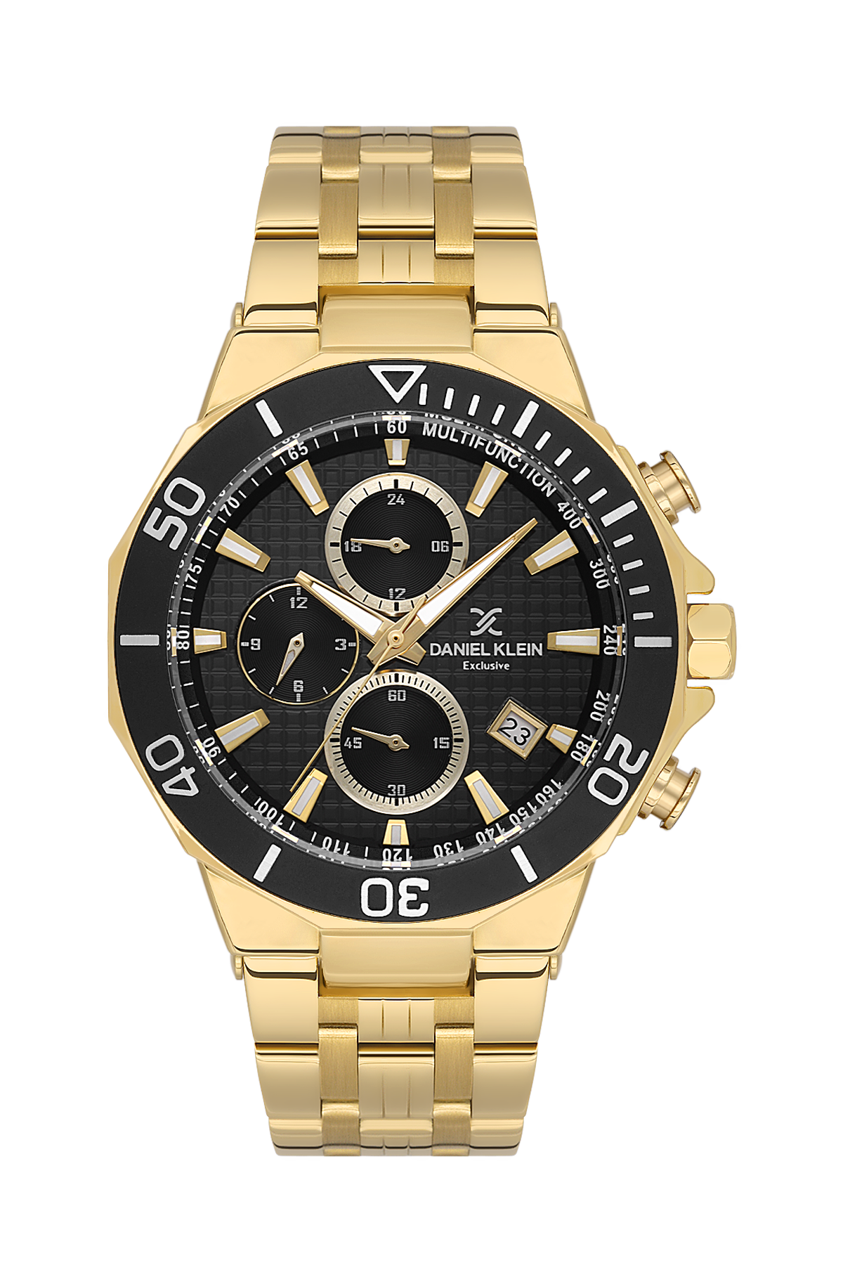 Gold watch with black dial on a white background