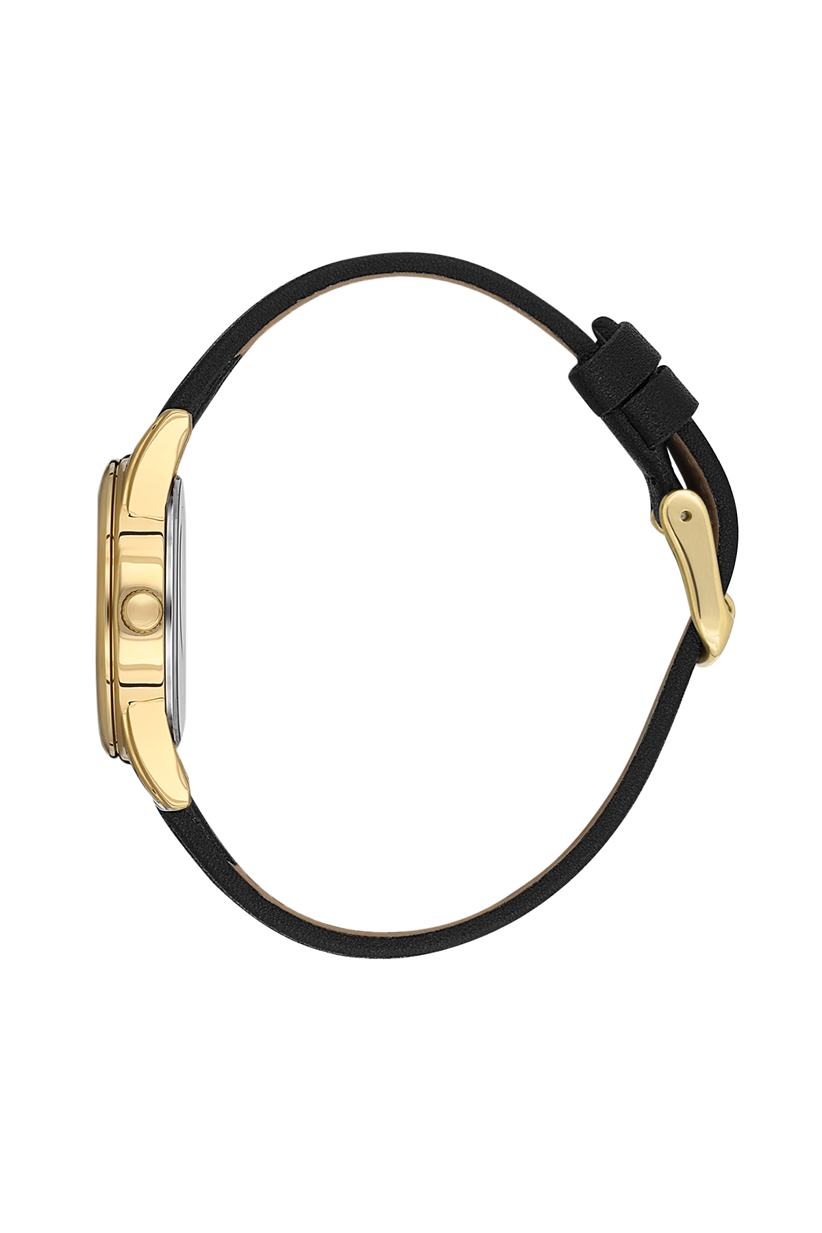 Gold watch with black strap on a white background
