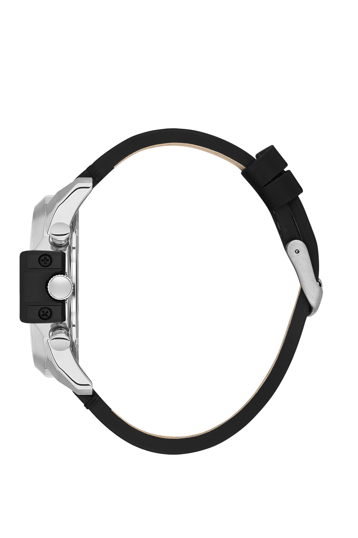 Wristwatch with black strap and silver case on a white background