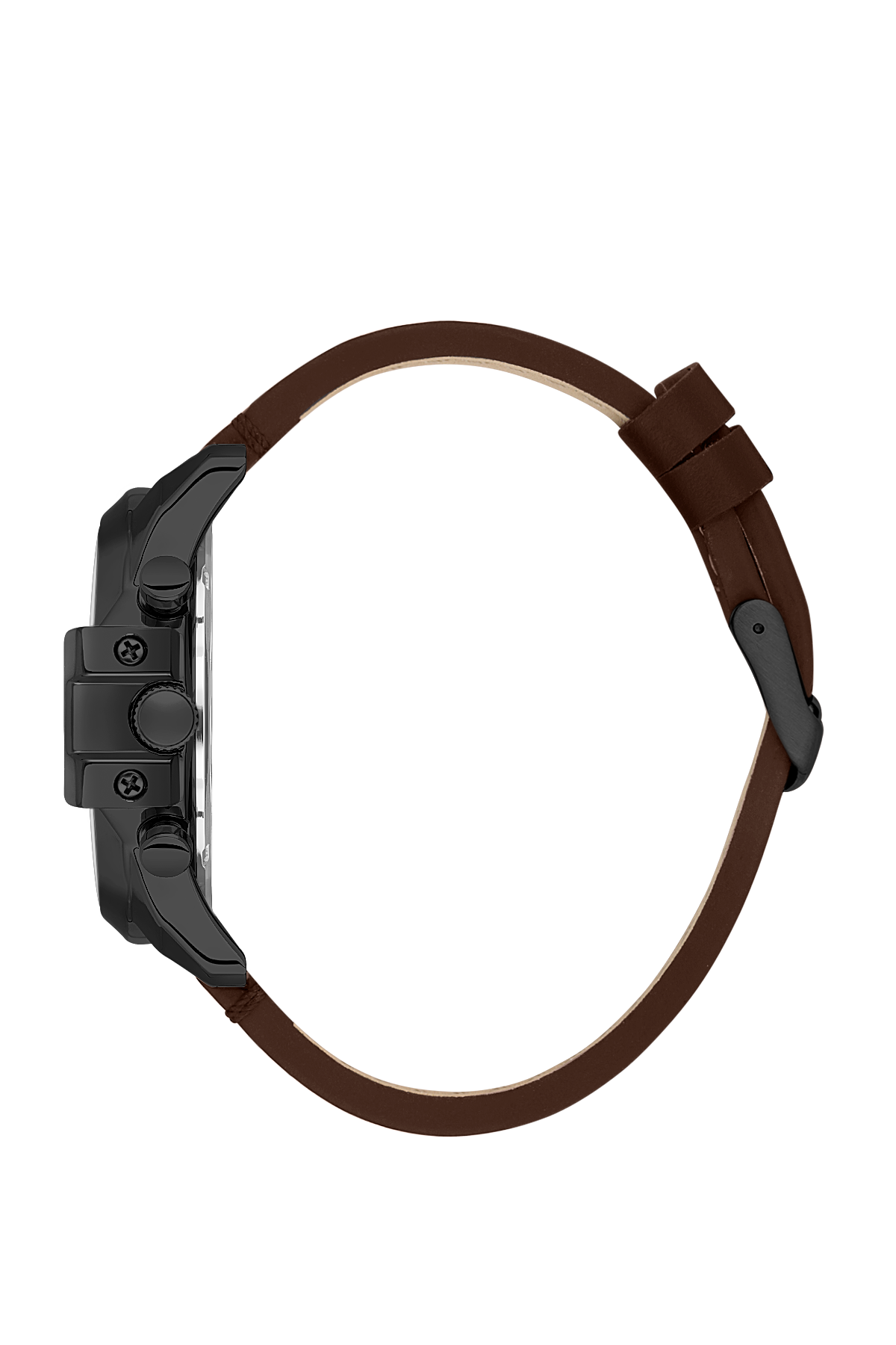 Watch with brown leather strap and black case on a white background