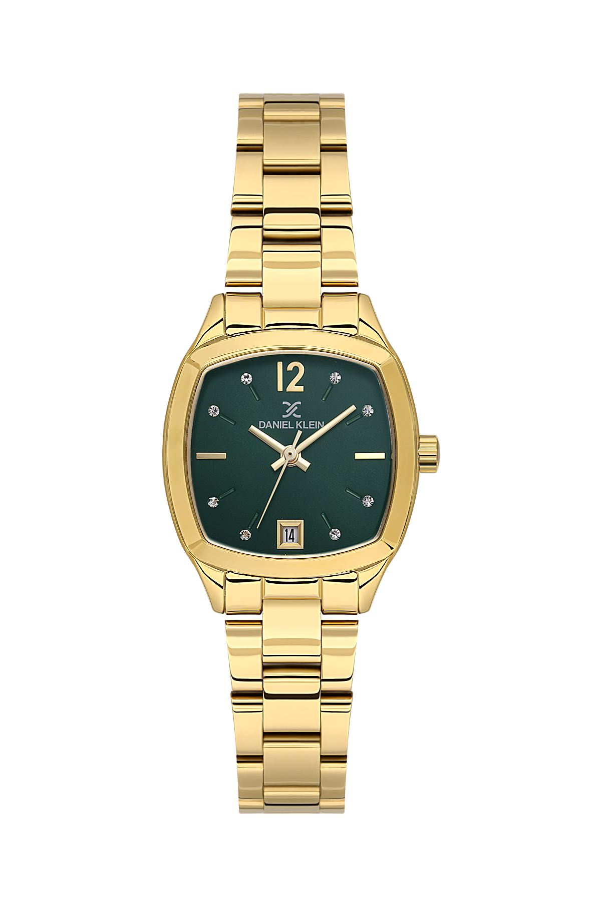 Gold wristwatch with a green dial on a white background