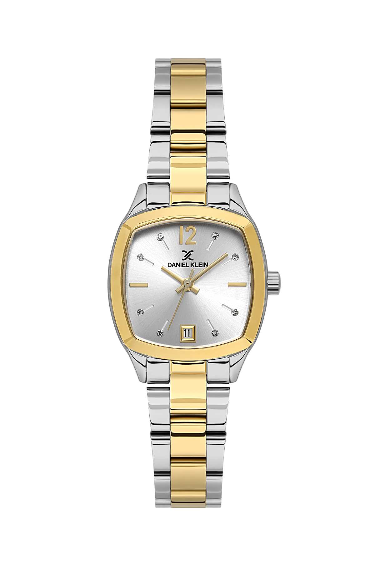 Two-tone watch with gold and silver band on a white background