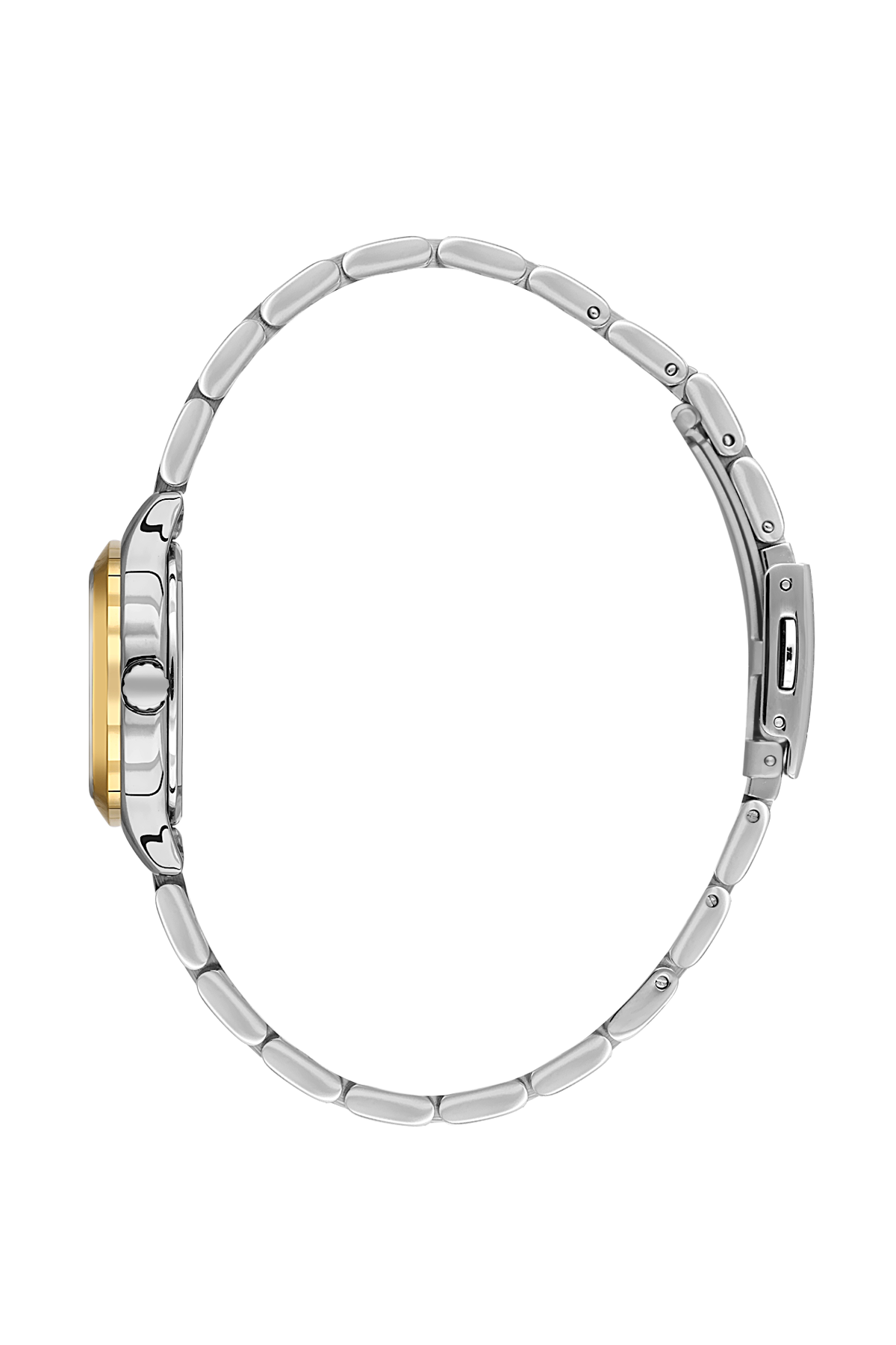 Silver watch with a gold accent on a white background