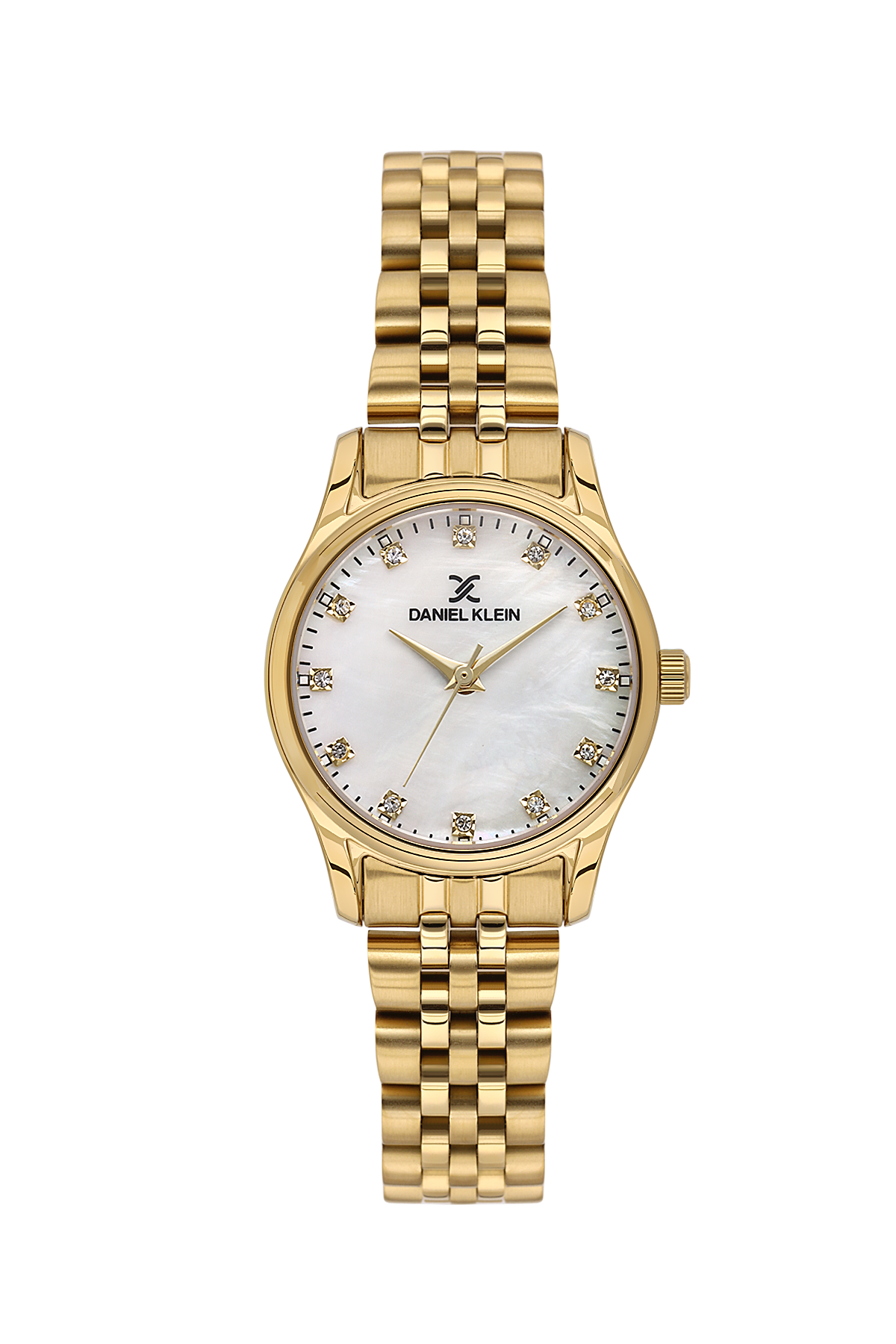 Gold wristwatch with a white face on a white background
