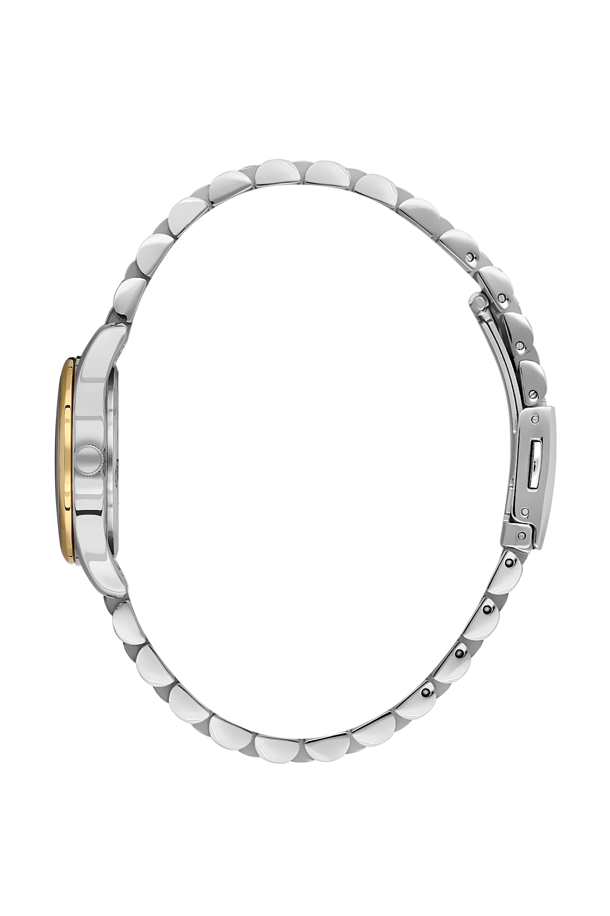 Close-up of a silver watch band with gold accents on a white background