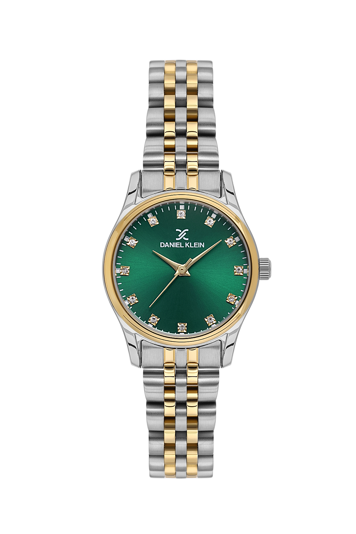Two-tone watch with a green face on a white background
