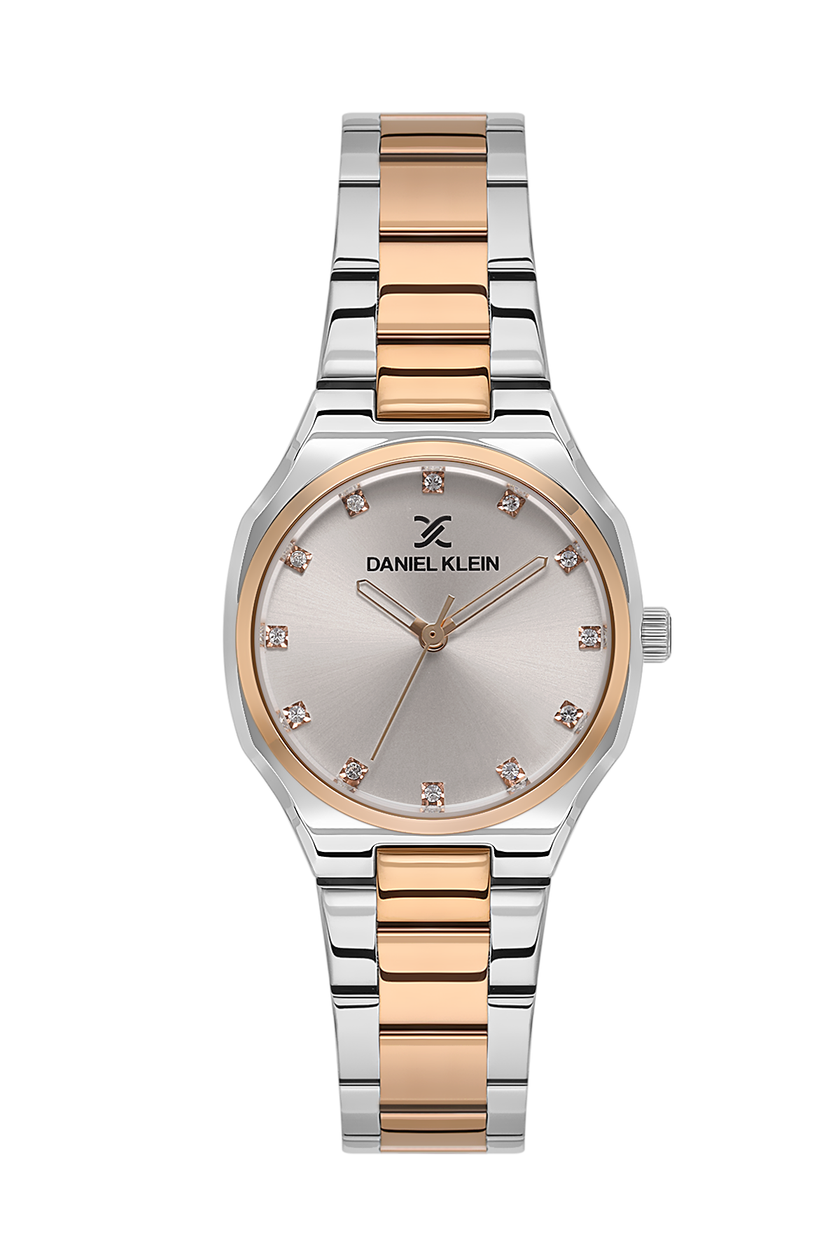 Two-tone watch with silver and rose gold band on a white background
