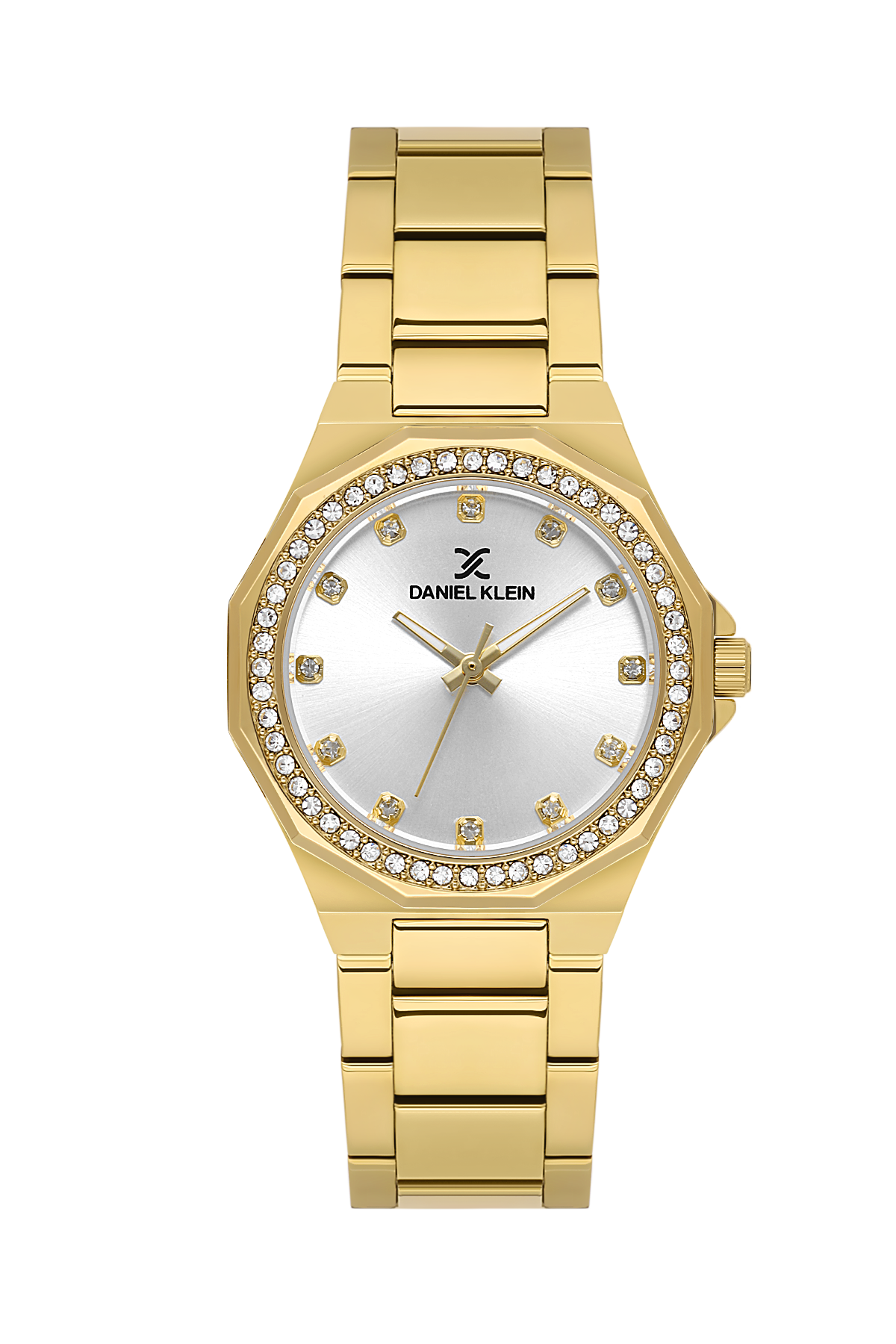 Gold wristwatch with a silver face on a white background