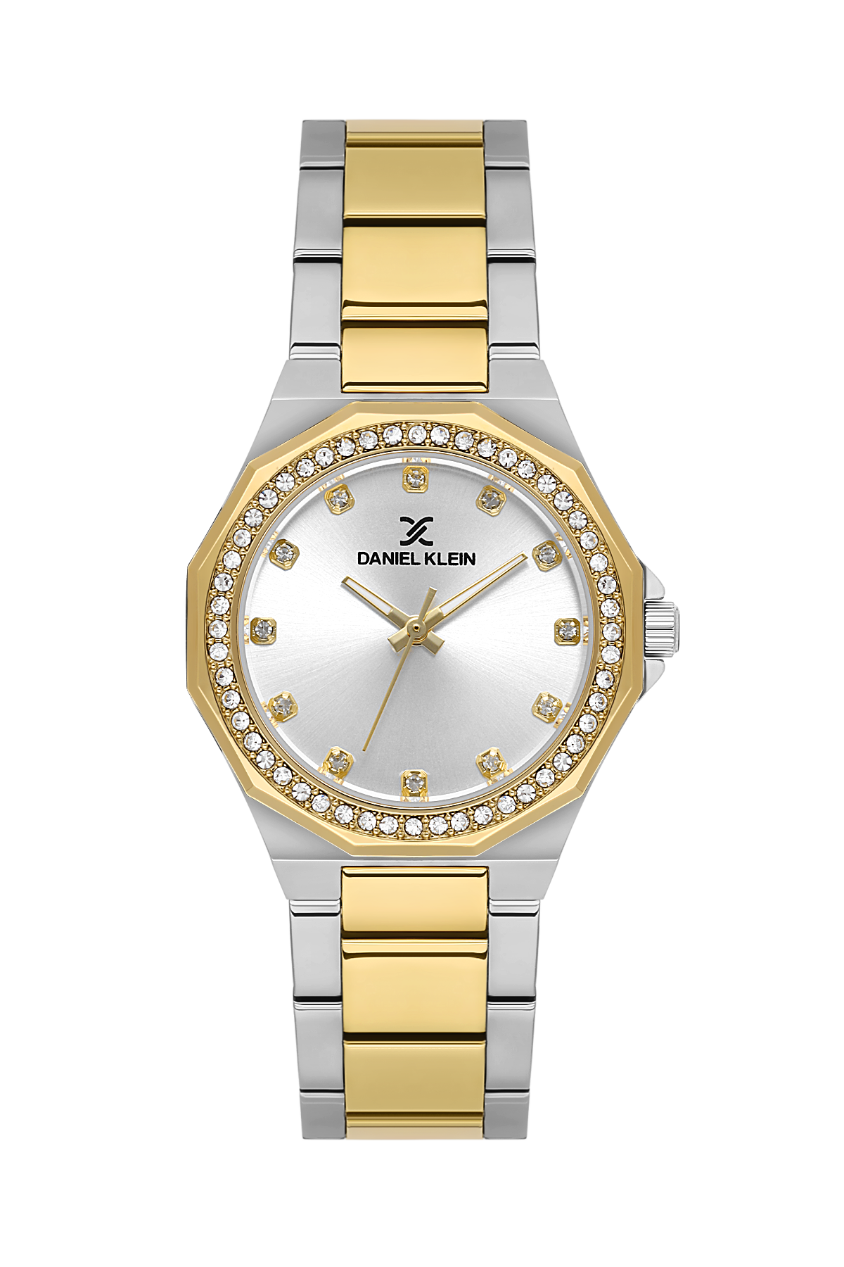 Two-tone silver and gold watch with diamond-studded face on a white background