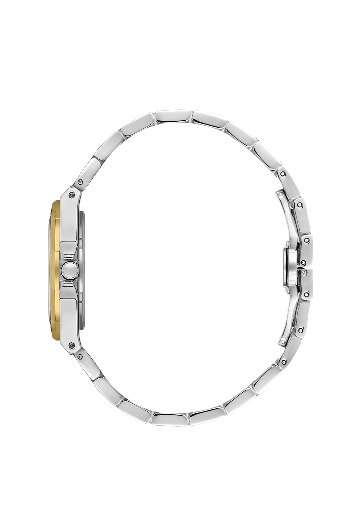 Close-up of a silver watch with a gold accent on a white background