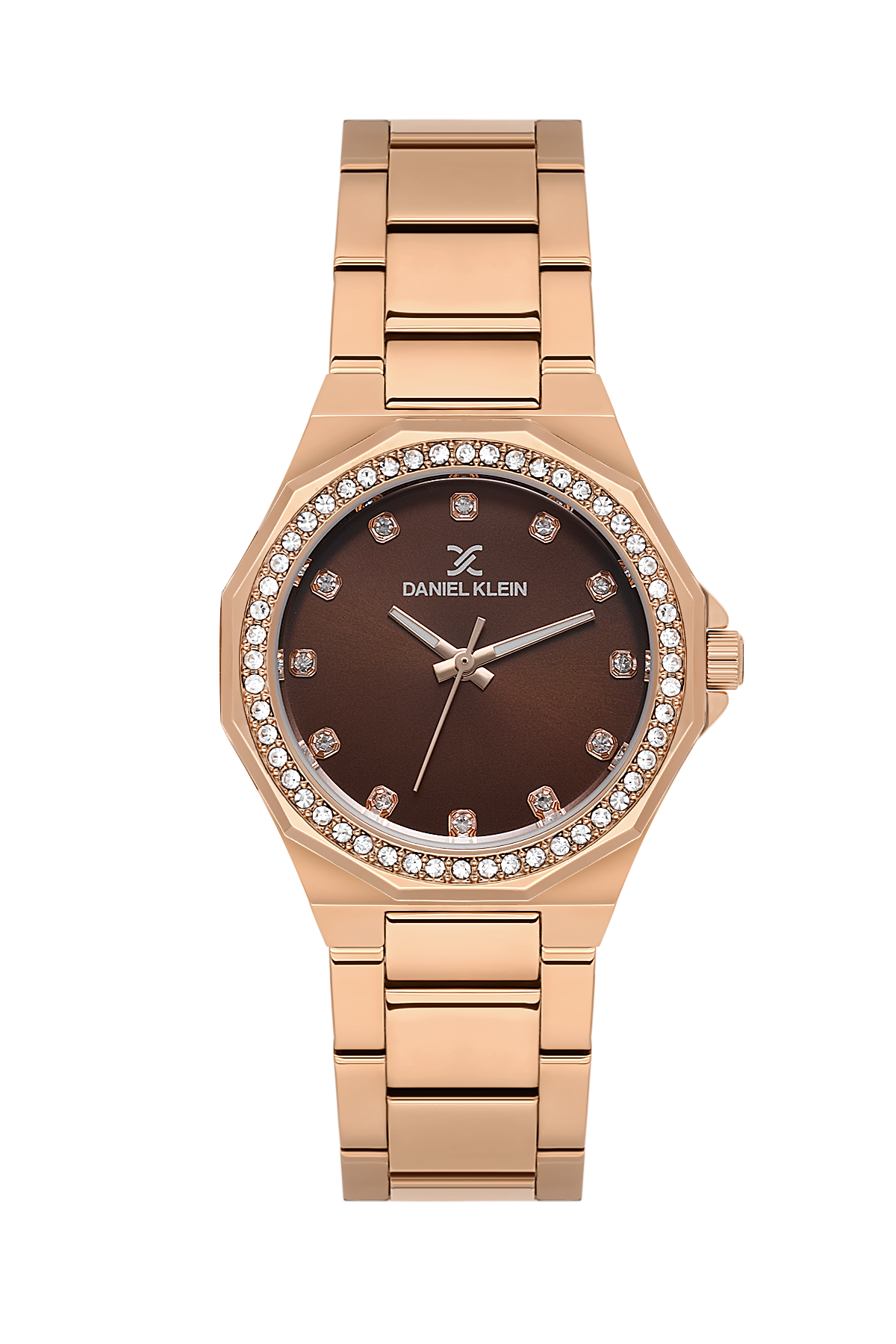 Rose gold watch with brown dial and diamond accents on a white background