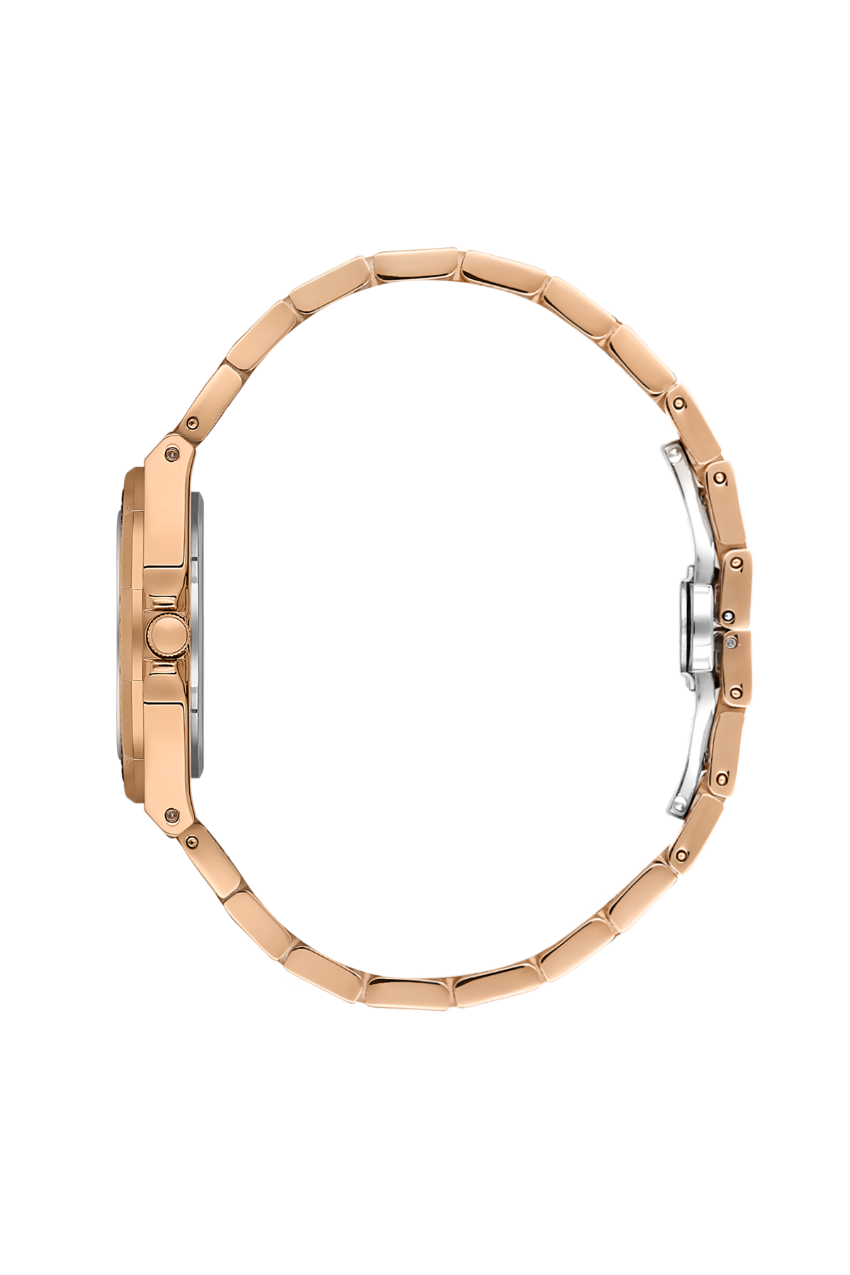 Rose gold watch case on a white background