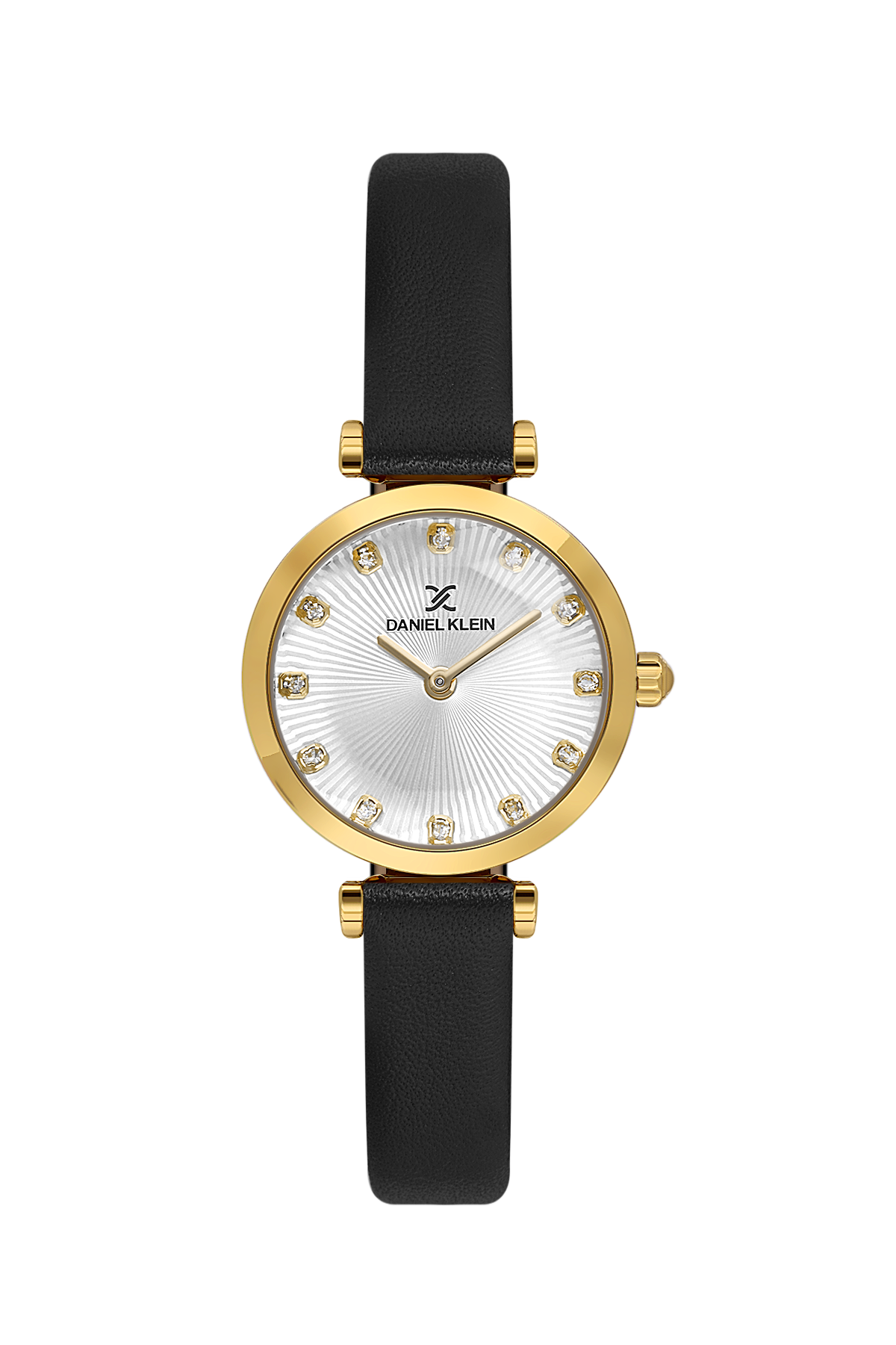 Gold watch with black strap on a white background