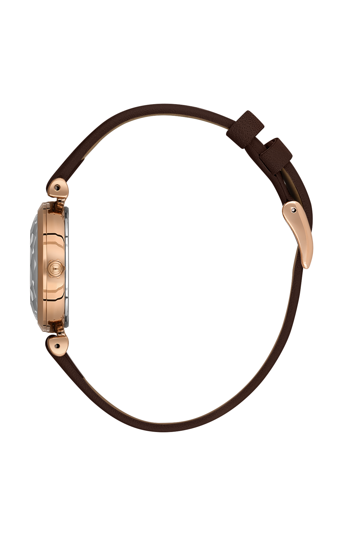 Watch with brown strap and rose gold case on a white background