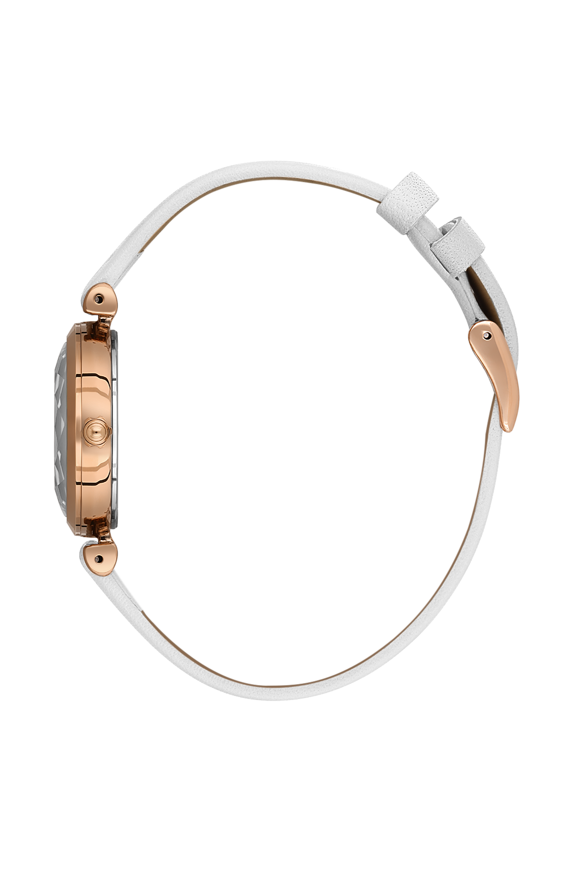 Watch with rose gold case and white strap on a white background