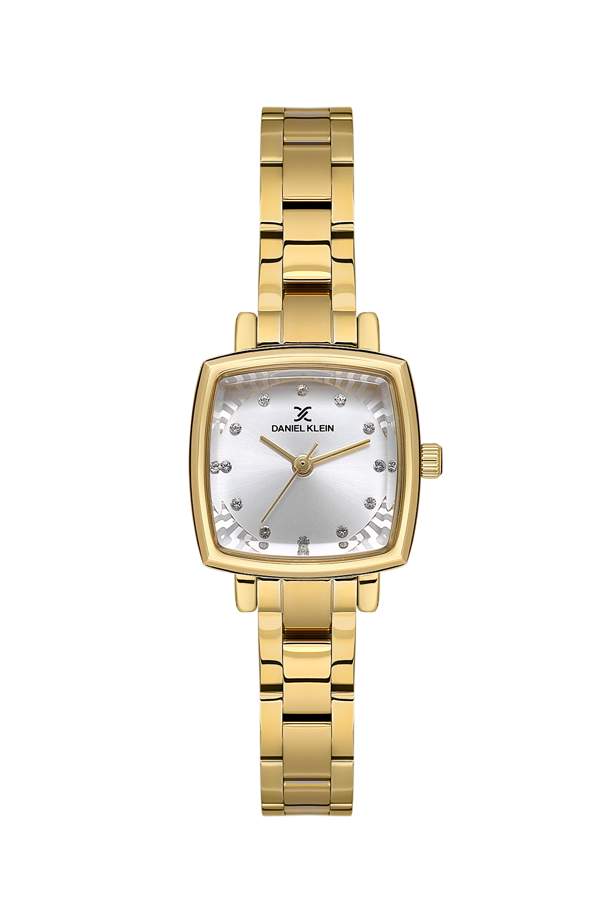 Gold wristwatch with a silver face on a white background