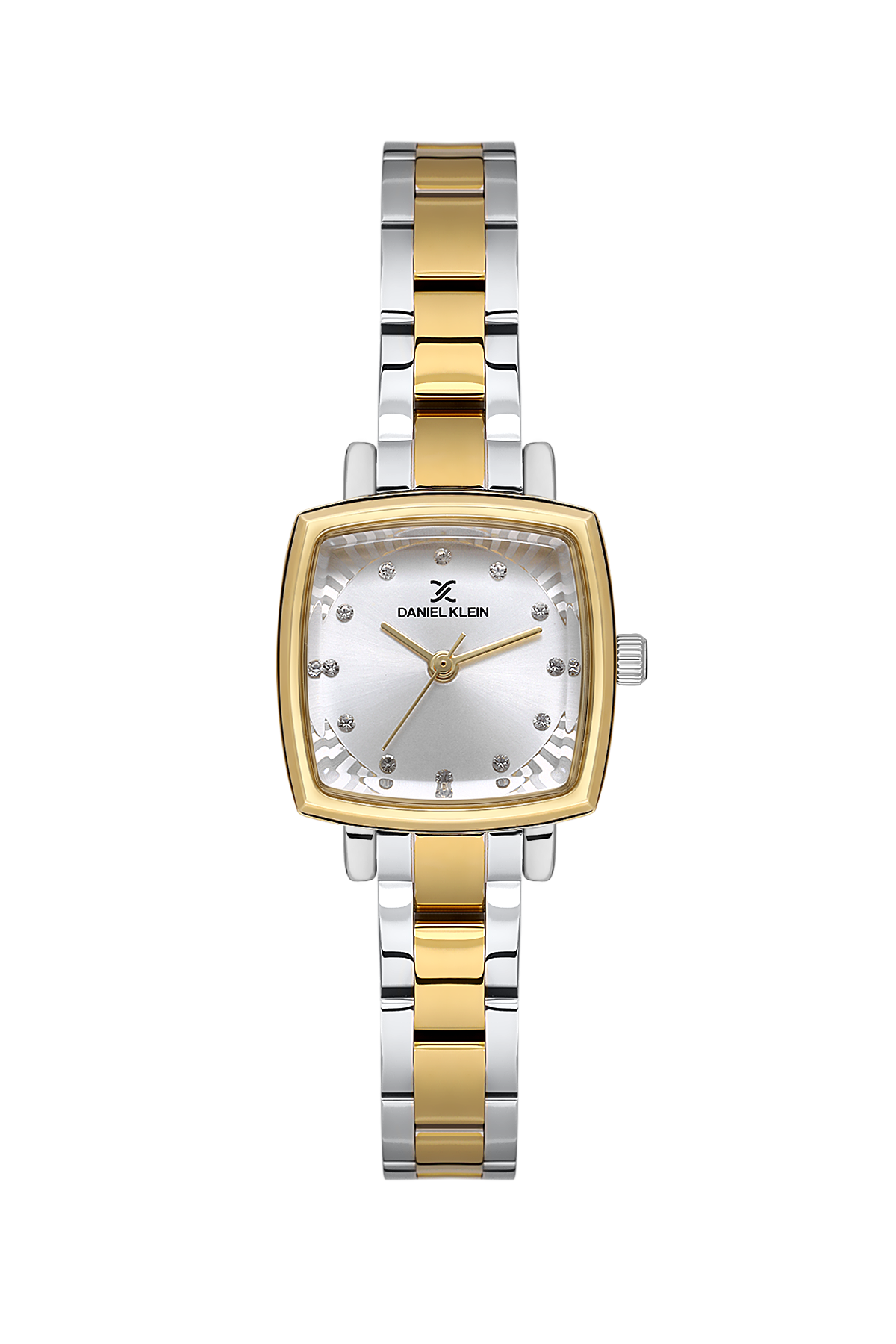 Two-tone watch with silver and gold band on a white background