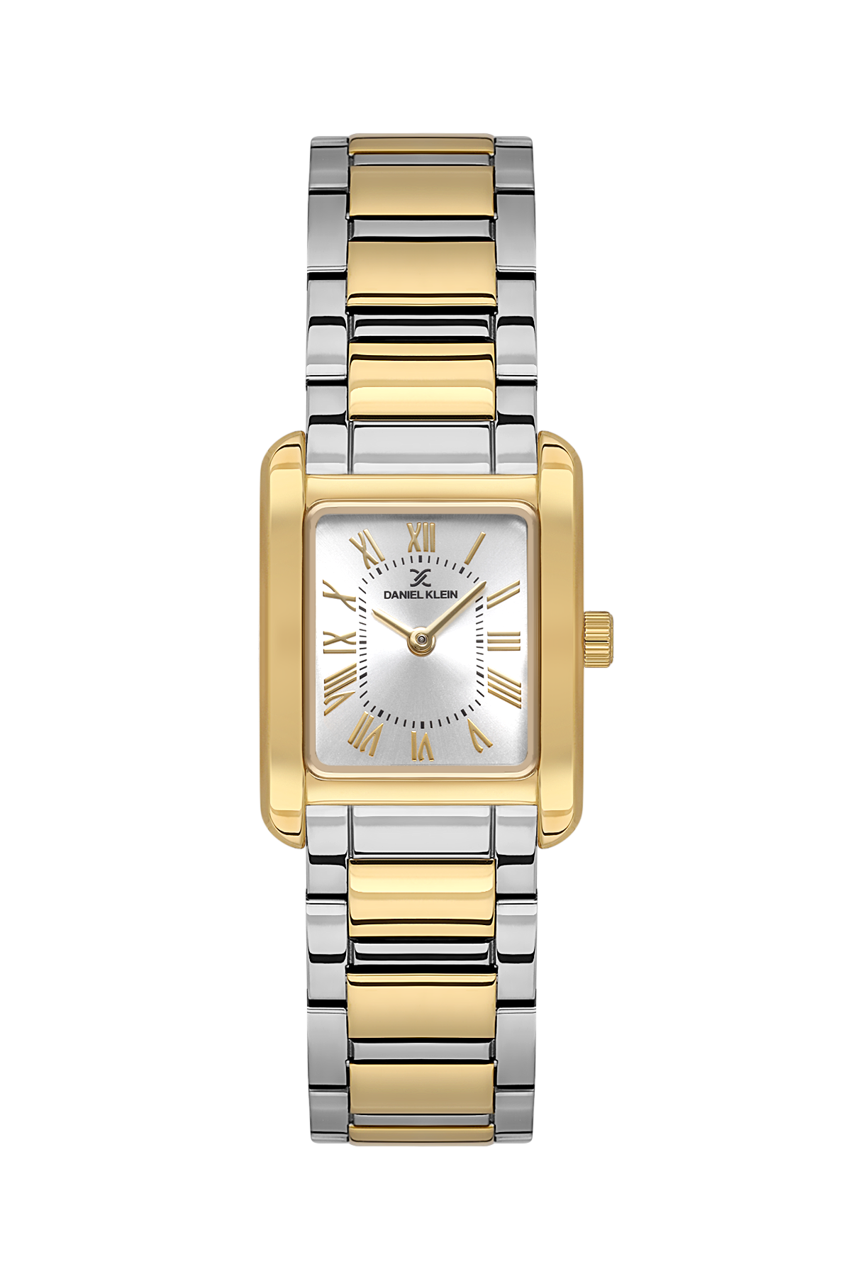 Two-tone gold and silver watch with a white face on a white background