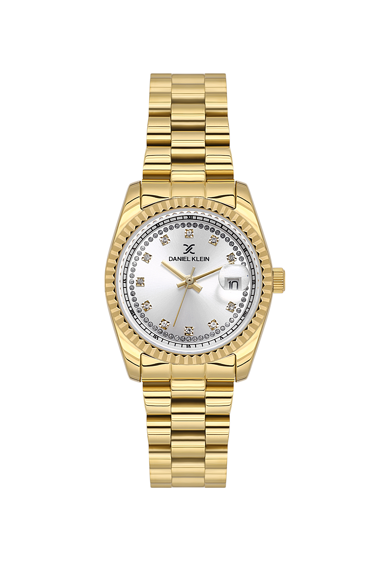 Gold wristwatch with a silver face on a white background
