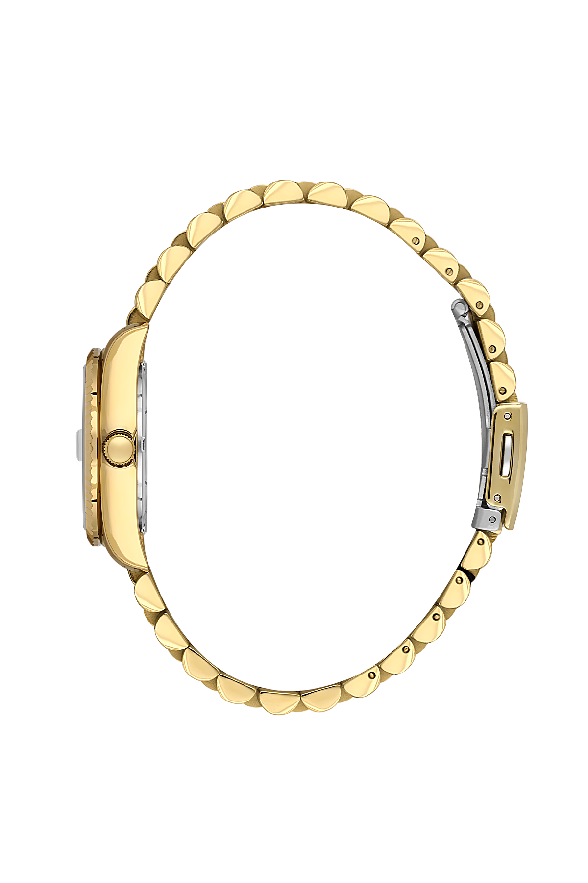Gold watch with a textured bezel on a white background