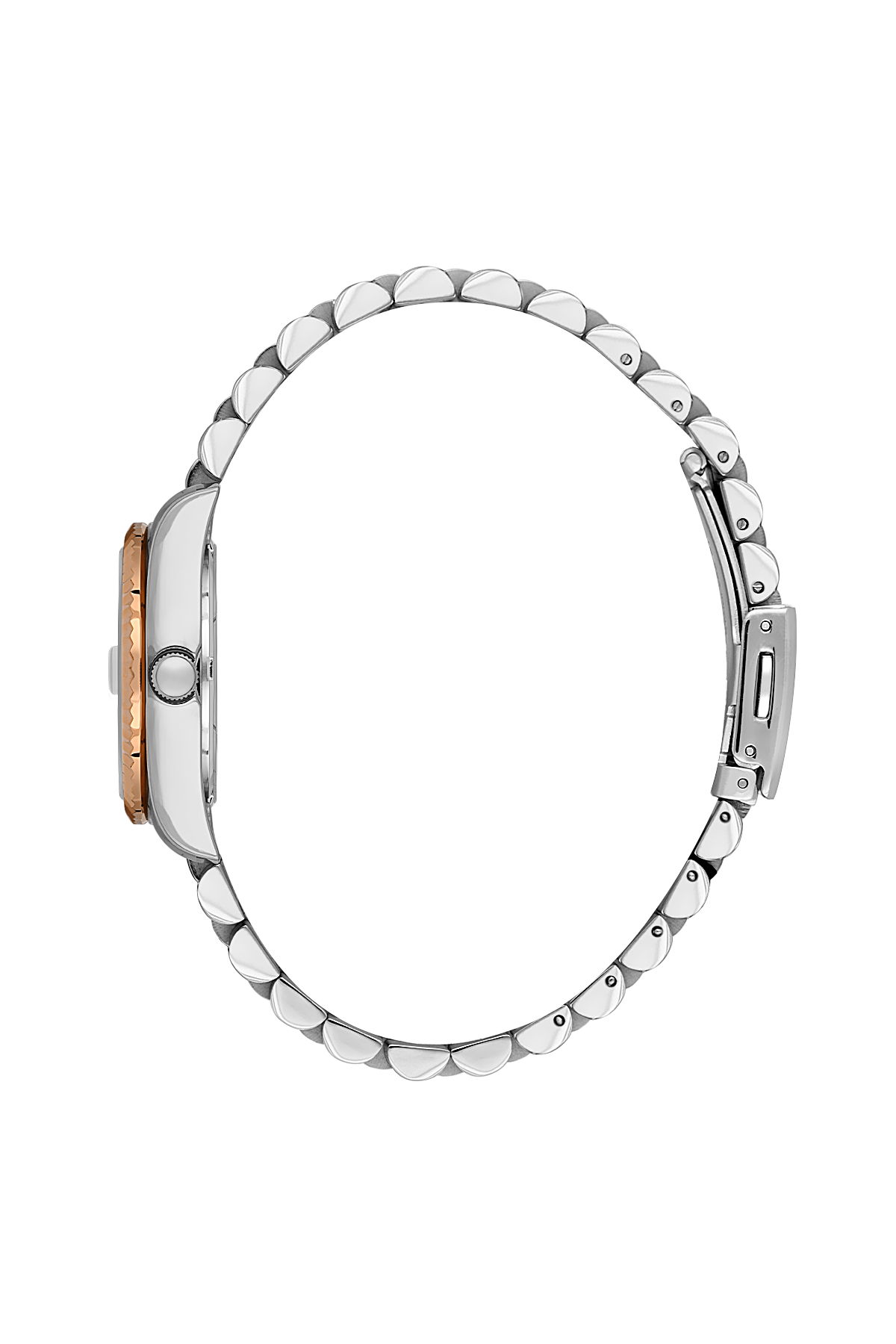Silver watch with rose gold accents on a white background