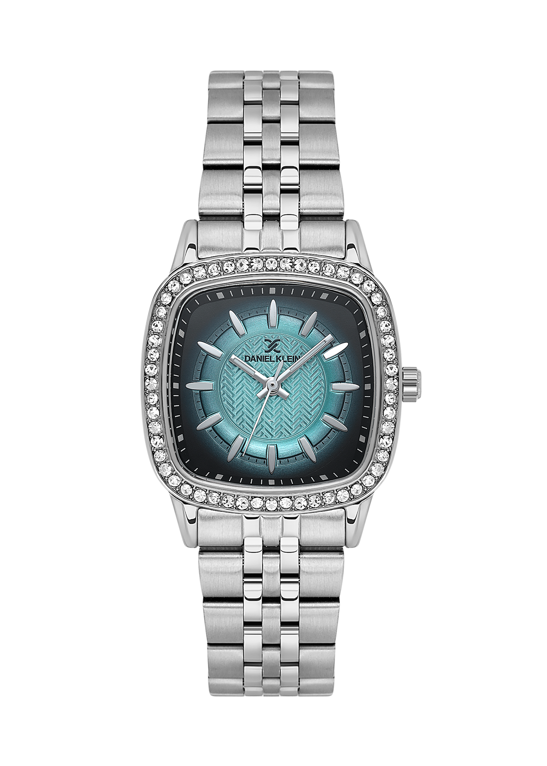 Silver watch with a blue face on a white background