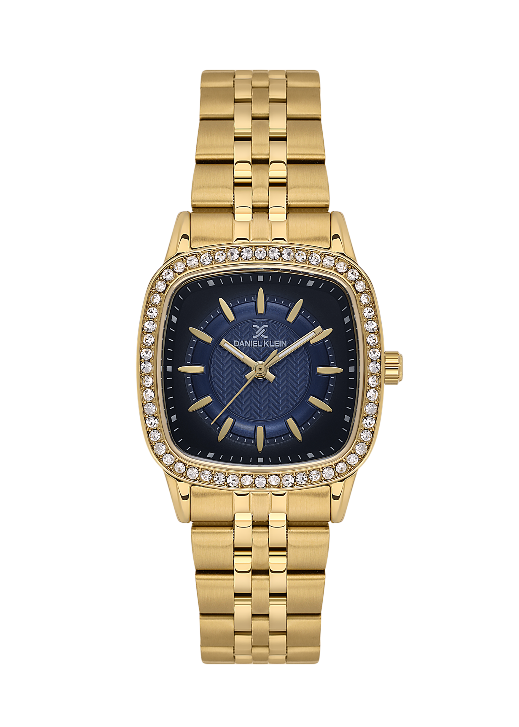 Gold watch with a blue face on a white background