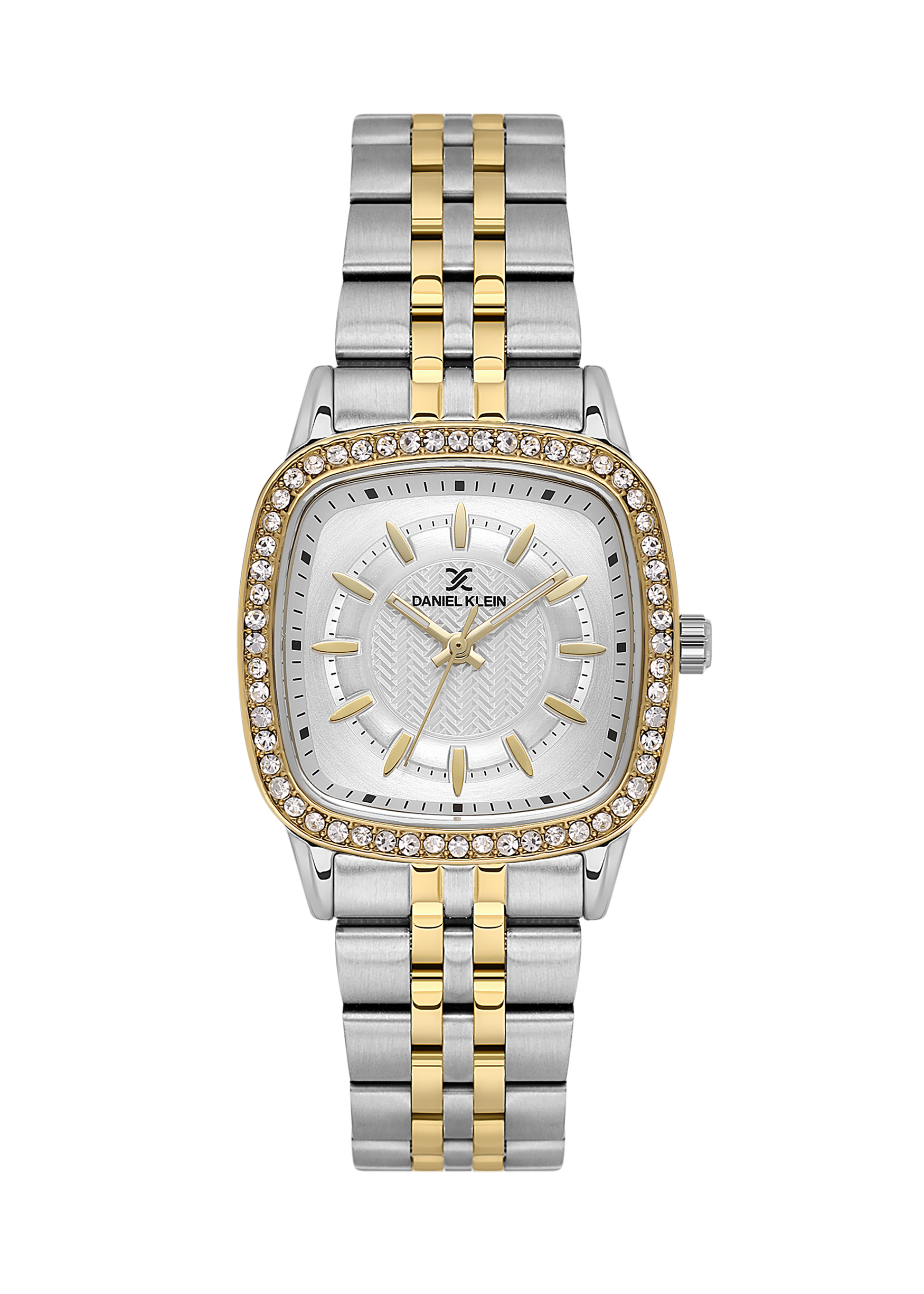 Two-tone watch with a silver and gold band on a white background