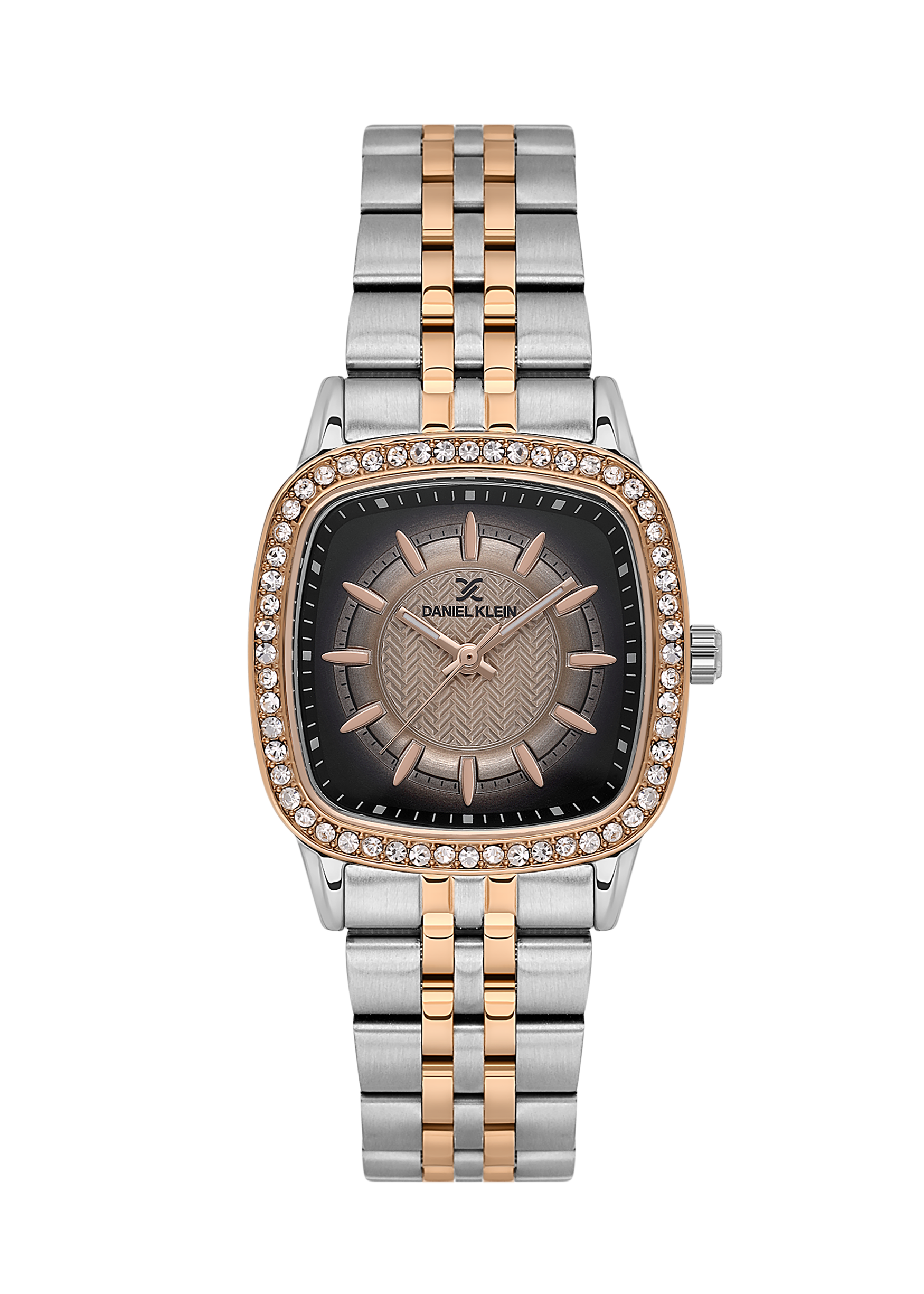 Two-tone watch with a silver and rose gold band on a white background