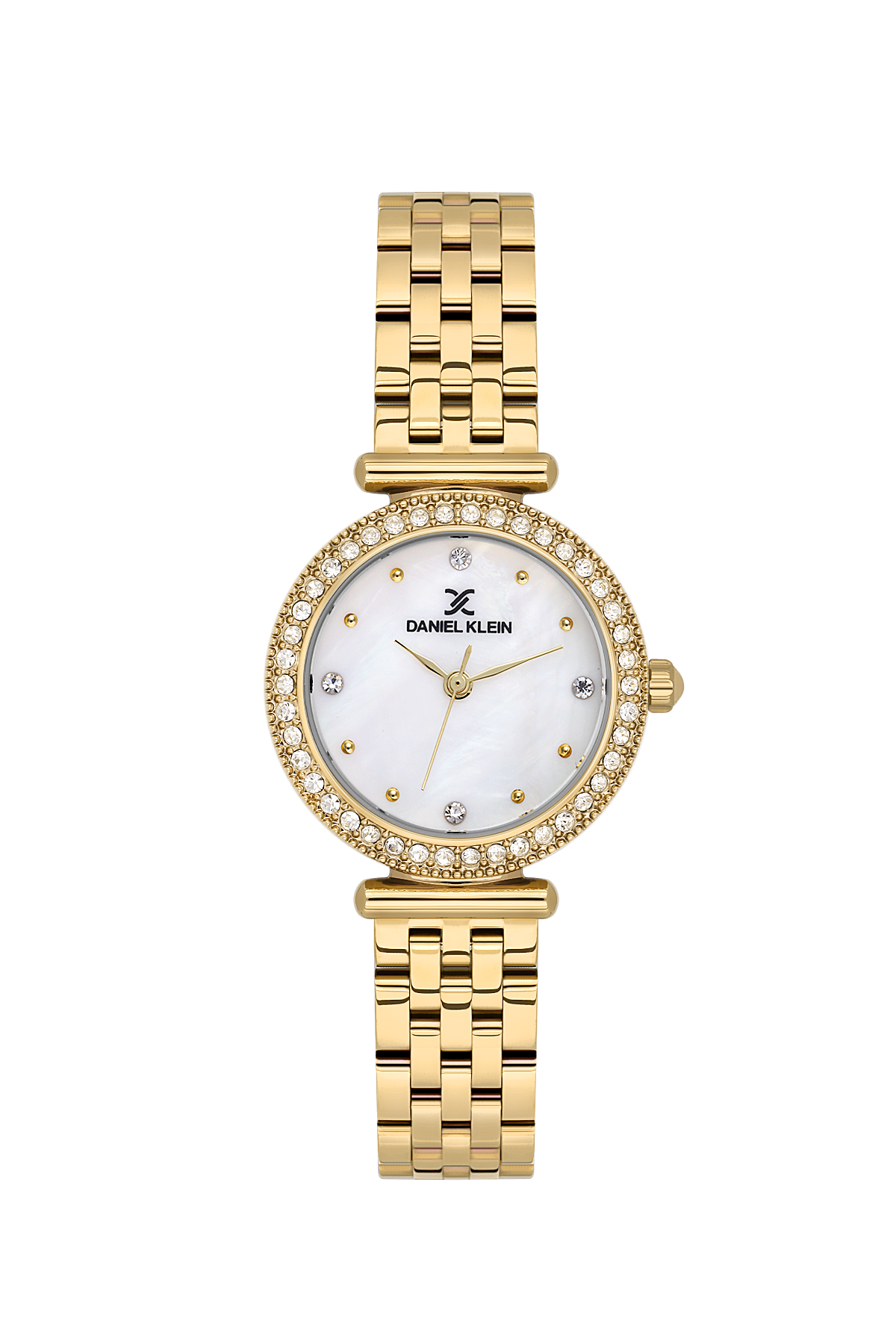Gold watch with a white face on a white background