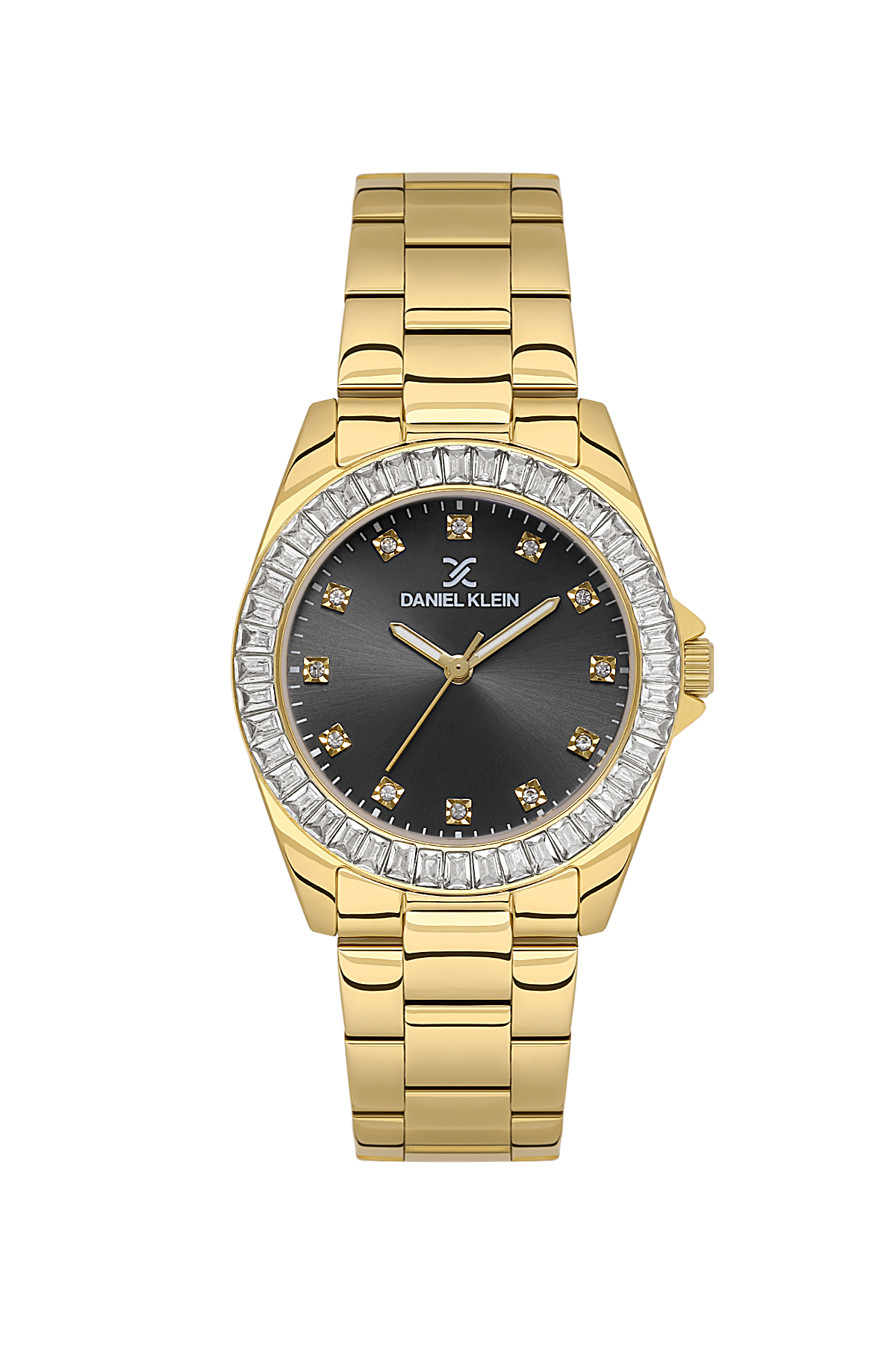 Gold watch with a black face and diamond accents on a white background