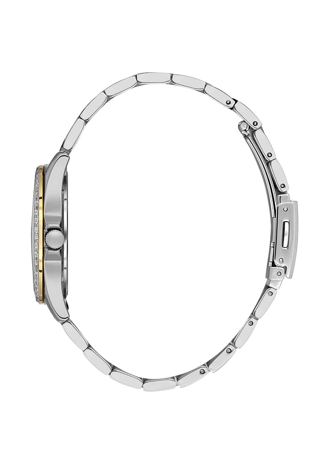 Close-up of a silver watch band on a white background
